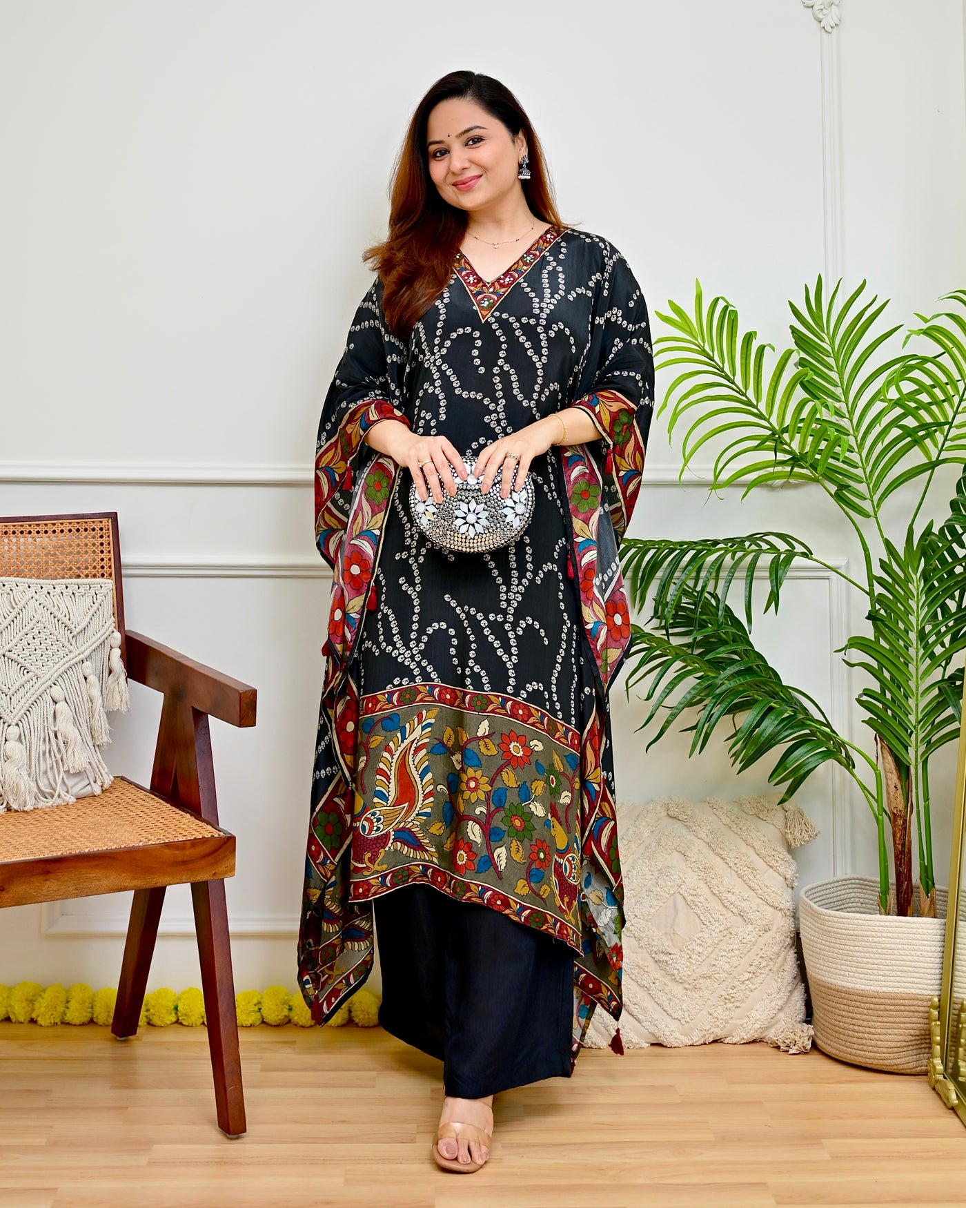 Black Bandhani Noor Kalamkari Crepe Kaftan Set