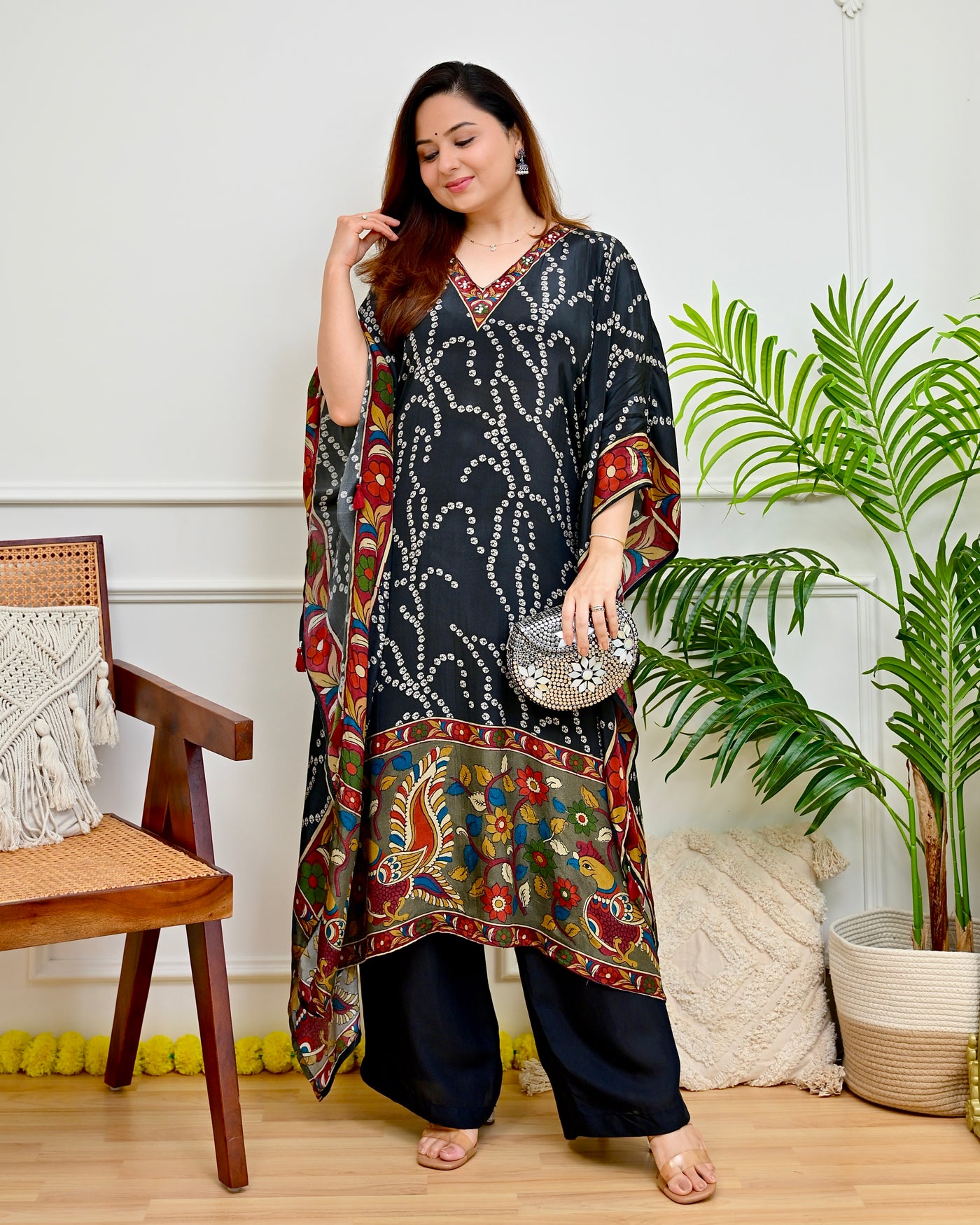 Black Bandhani Noor Kalamkari Crepe Kaftan Set
