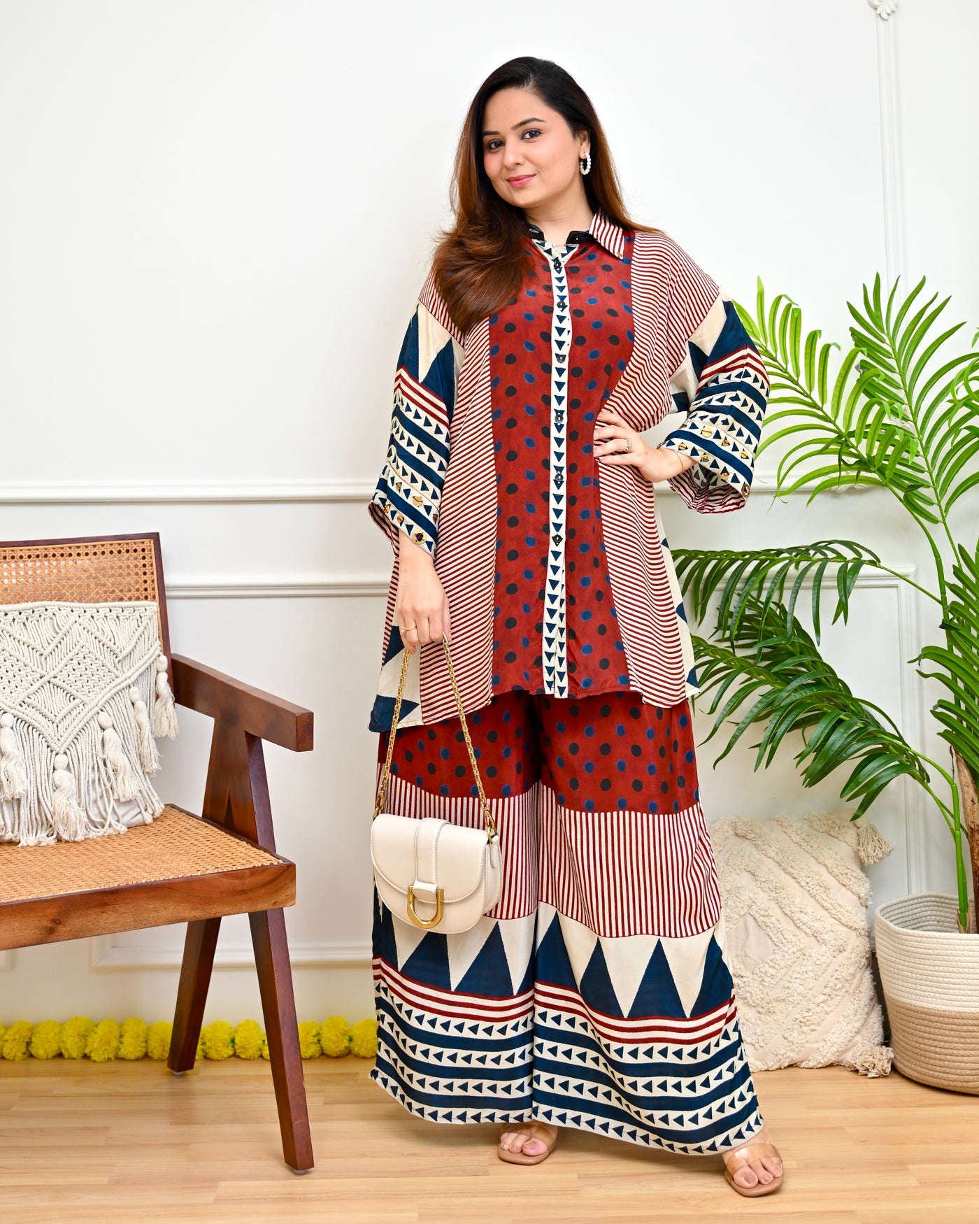 Crimson Navy Geometric Polka Crepe Co-ord