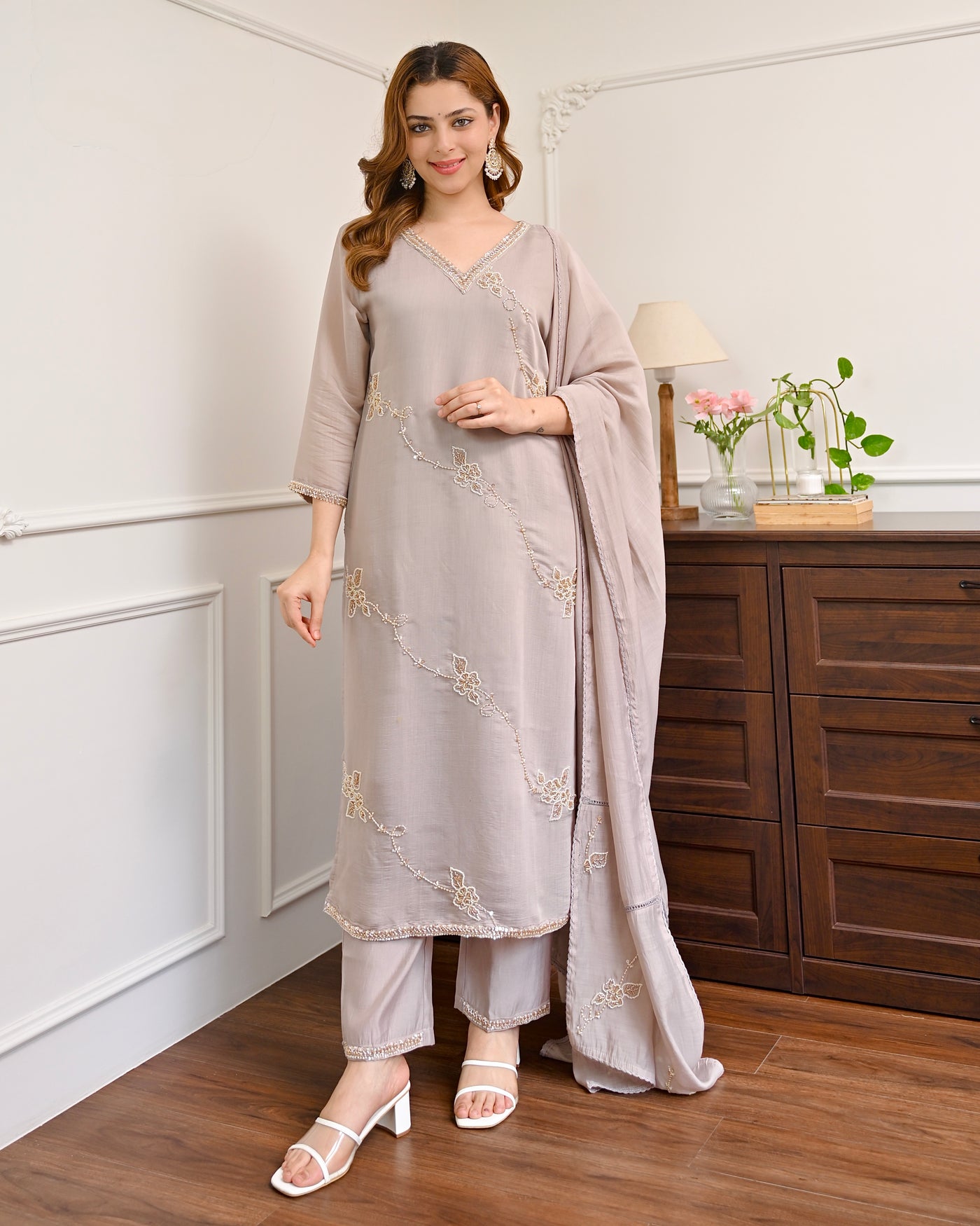 Dove Grey Bloom Handwork Mul Chanderi Festive Suit