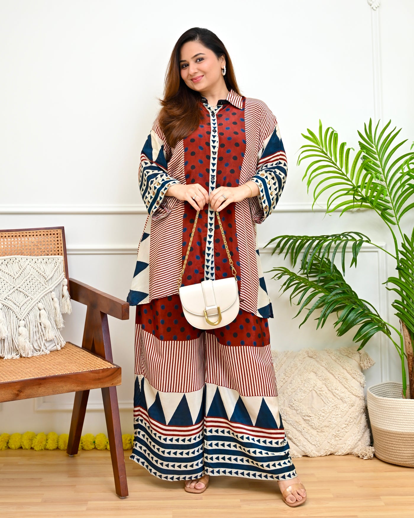 Crimson Navy Geometric Polka Crepe Co-ord