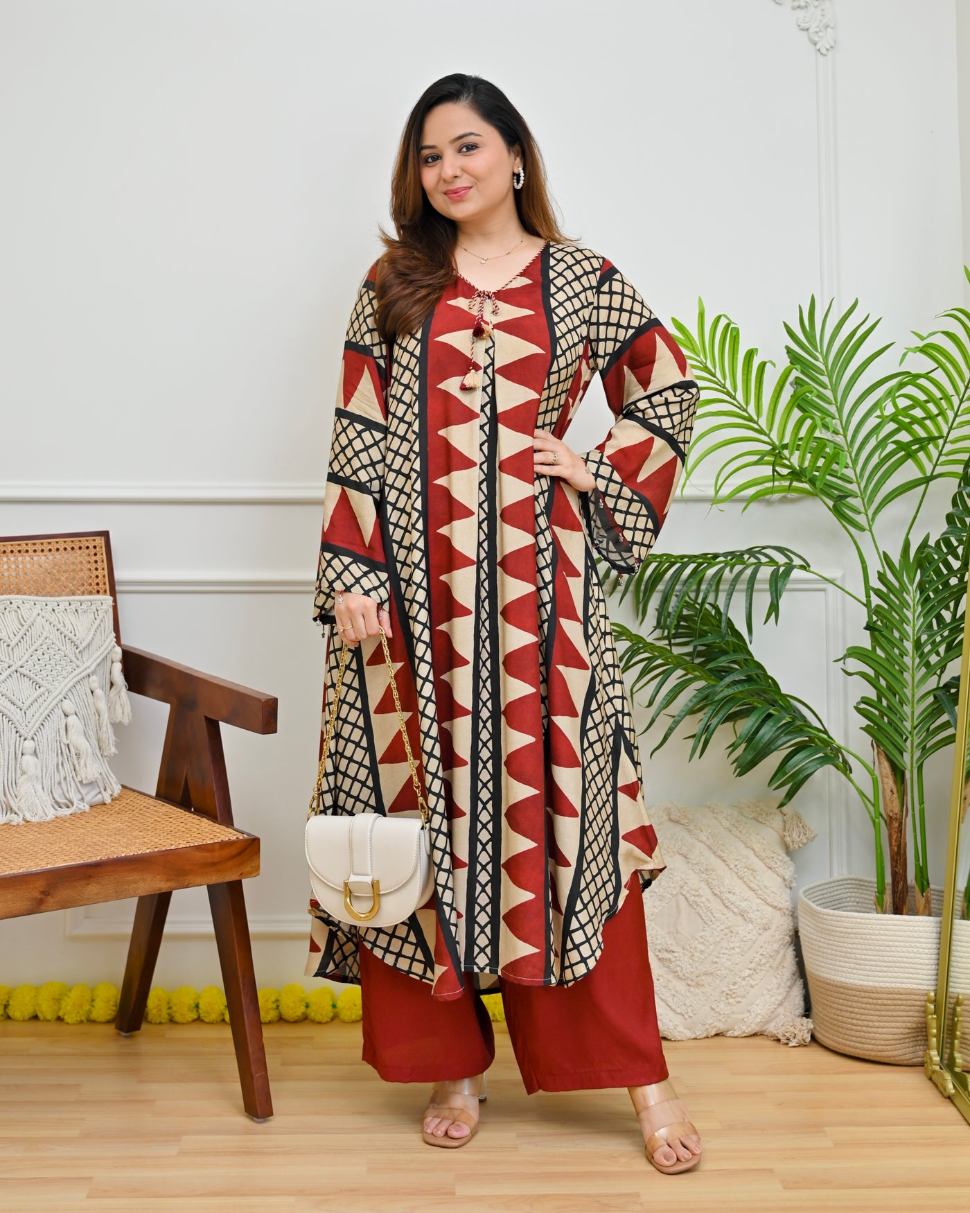 Ivory Maroon Modern Geometry Crepe A Line Kurta Set
