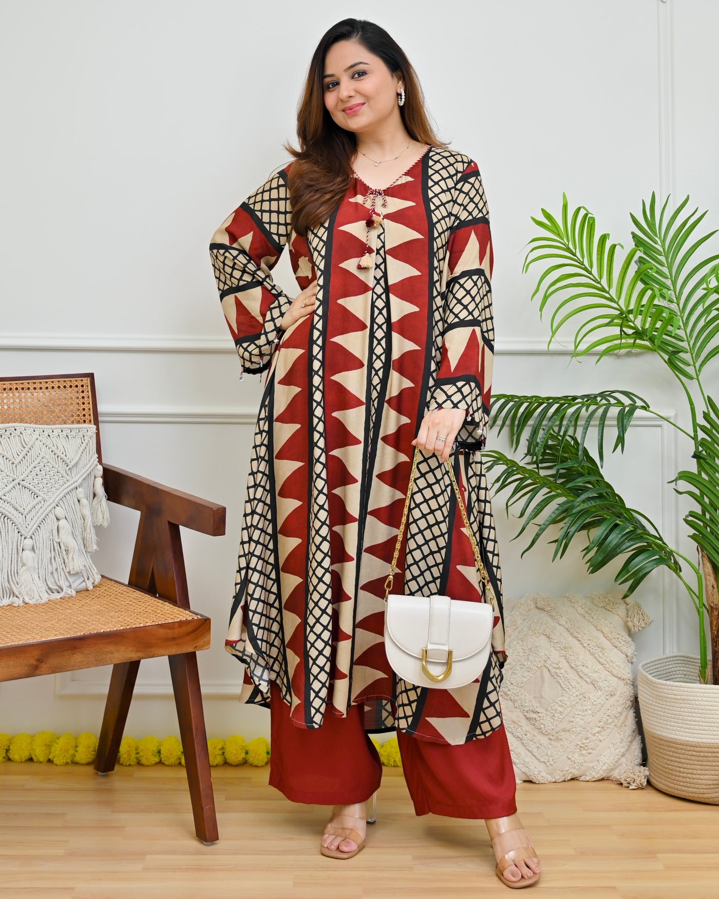 Ivory Maroon Modern Geometry Crepe A Line Kurta Set