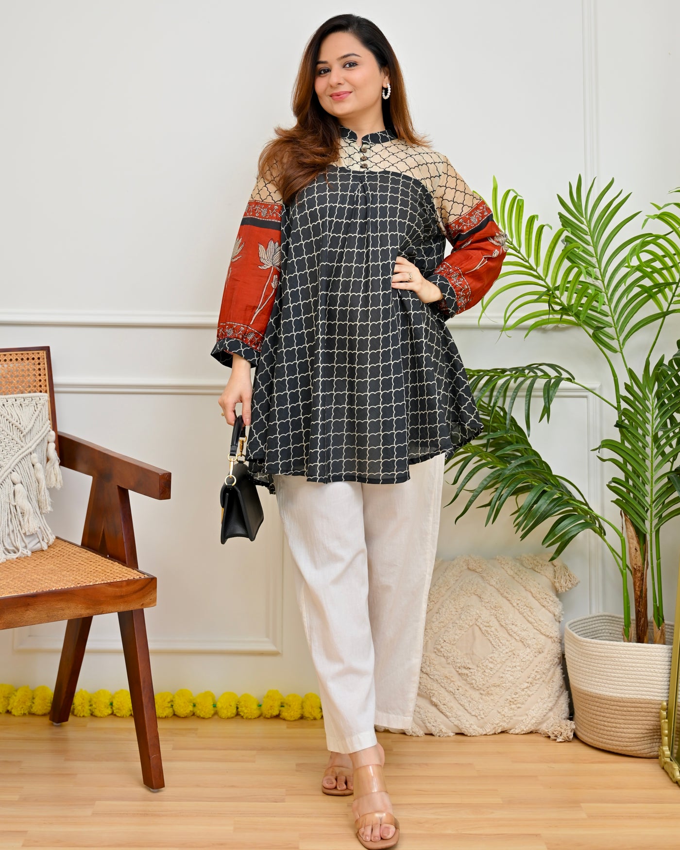 Black Jharokha Lotus Mul Chanderi A Line Tunic
