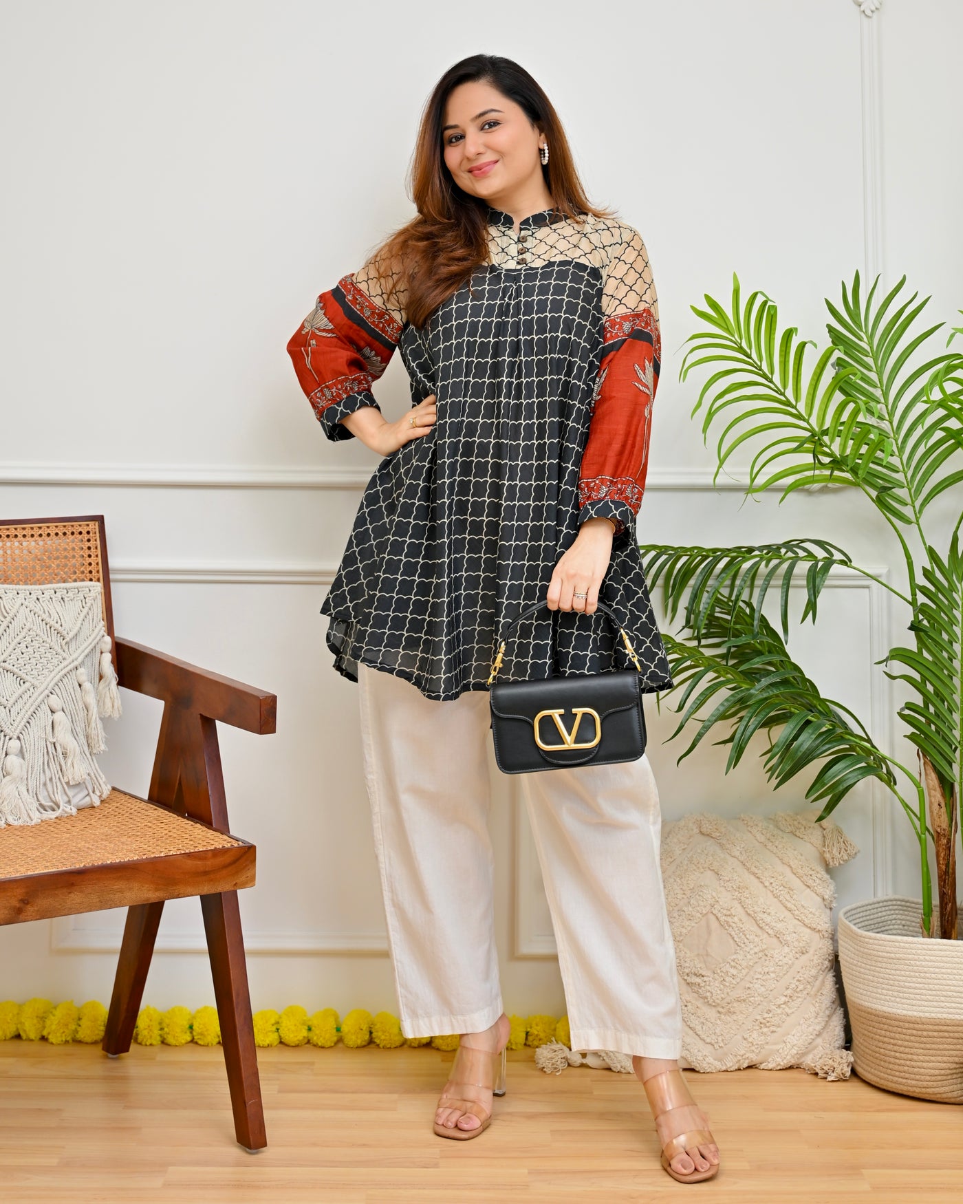 Black Jharokha Lotus Mul Chanderi A Line Tunic