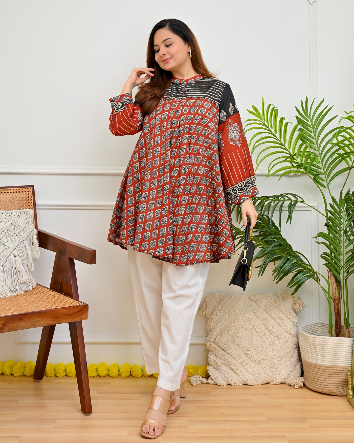 Crimson Black Lines & Blooms Mul Chanderi A Line Tunic