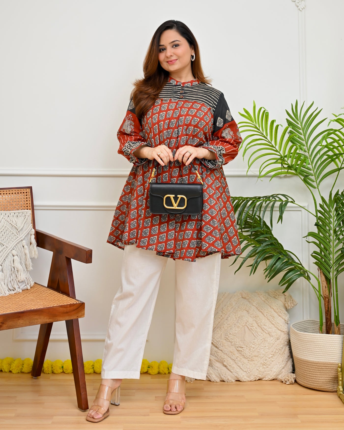 Crimson Black Lines & Blooms Mul Chanderi A Line Tunic