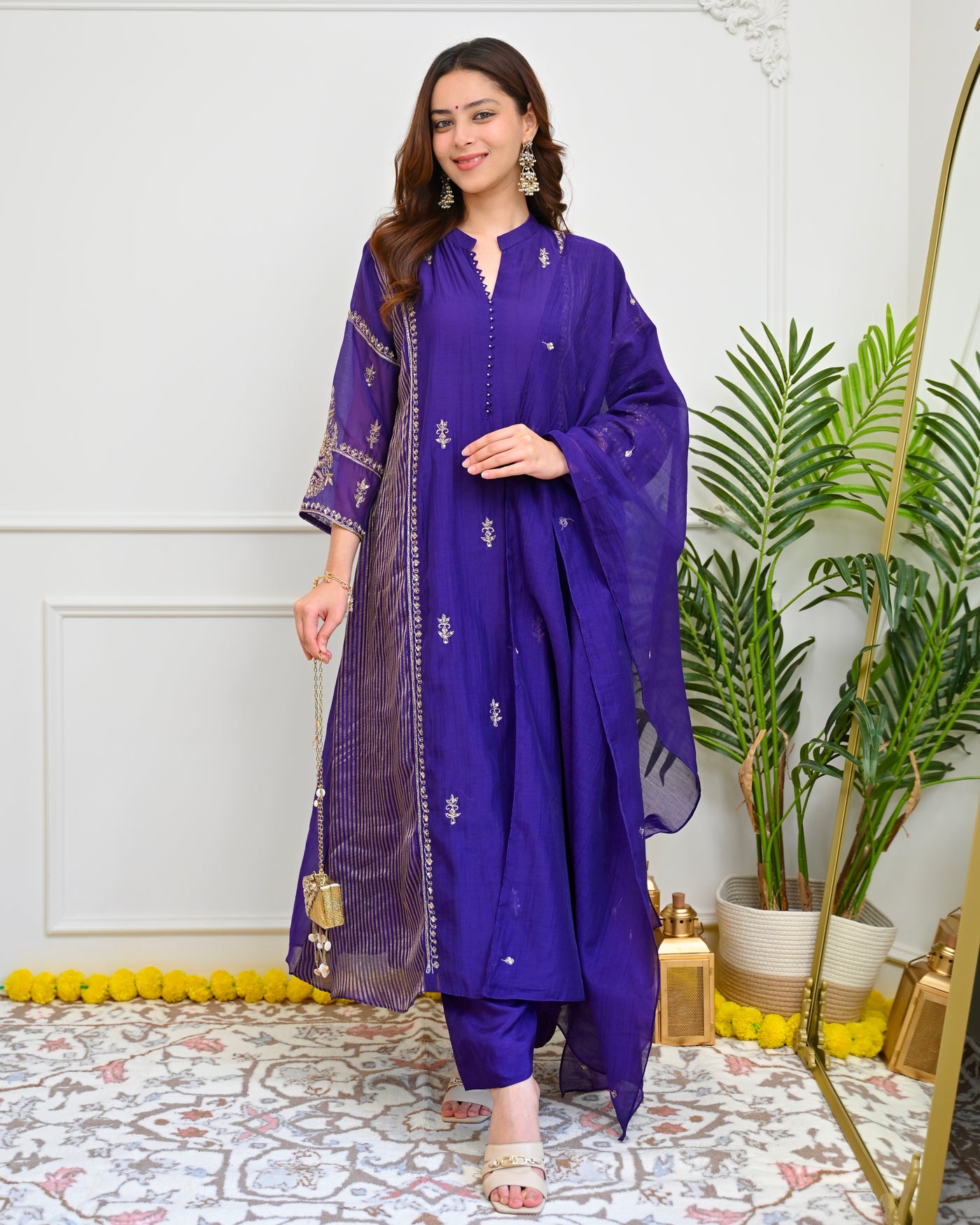 Regal Purple Elegance Handwork Mul Chanderi A Line Suit