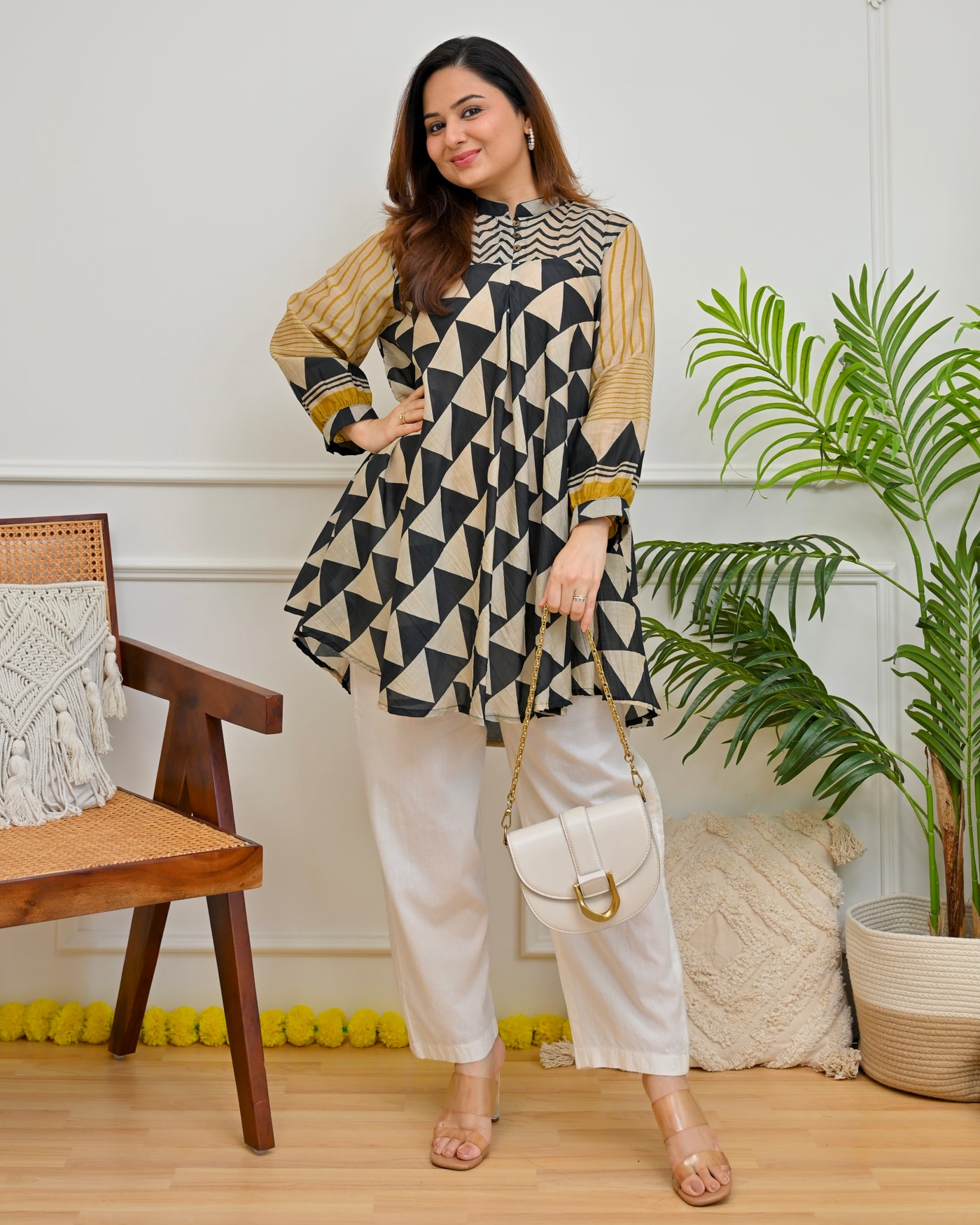 Ivory Black Modern Geometry Mul Chanderi A Line Tunic