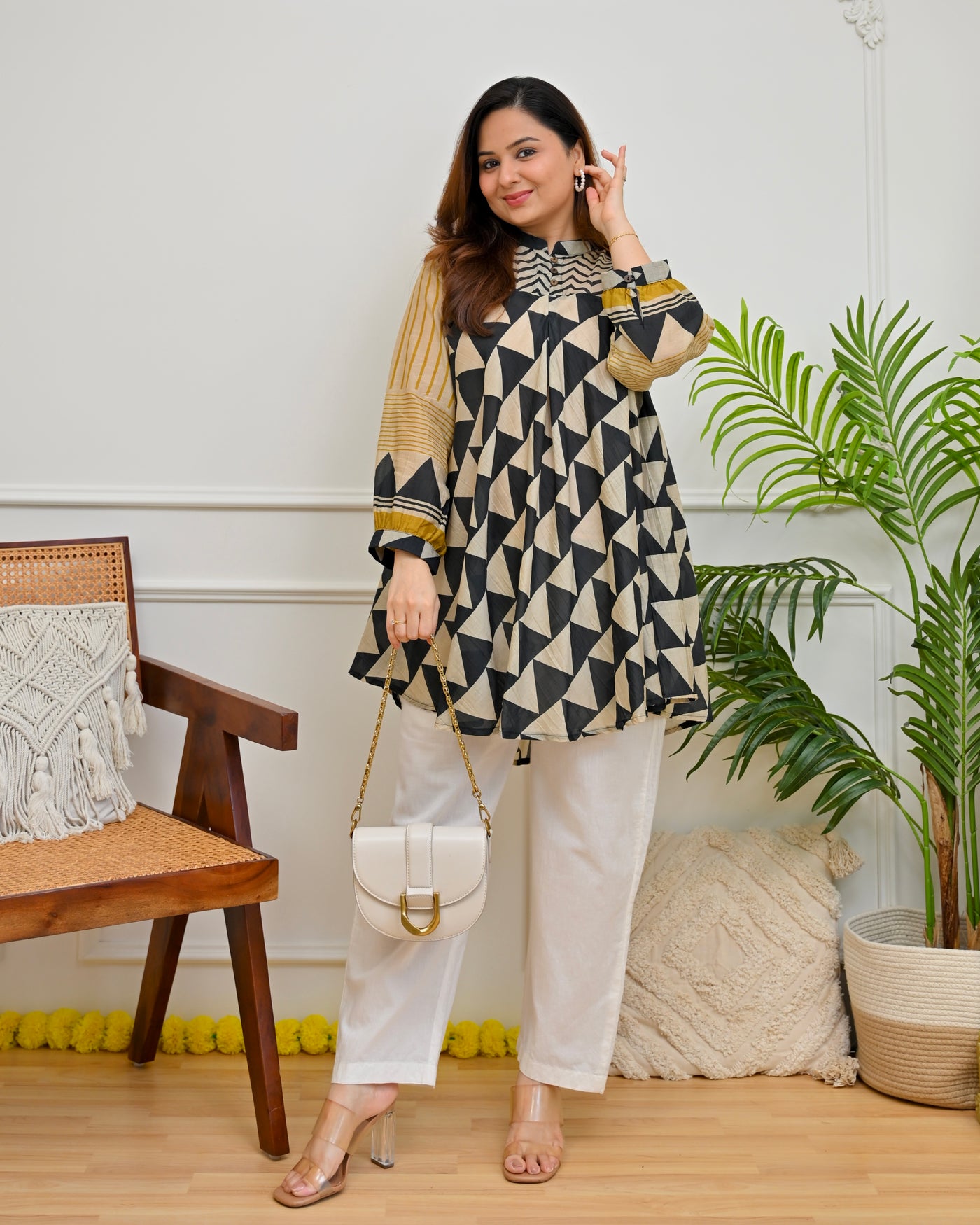 Ivory Black Modern Geometry Mul Chanderi A Line Tunic
