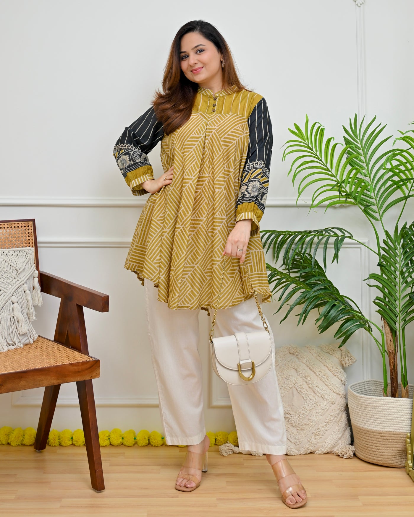Mustard Heritage Lines Mul Chanderi A Line Tunic