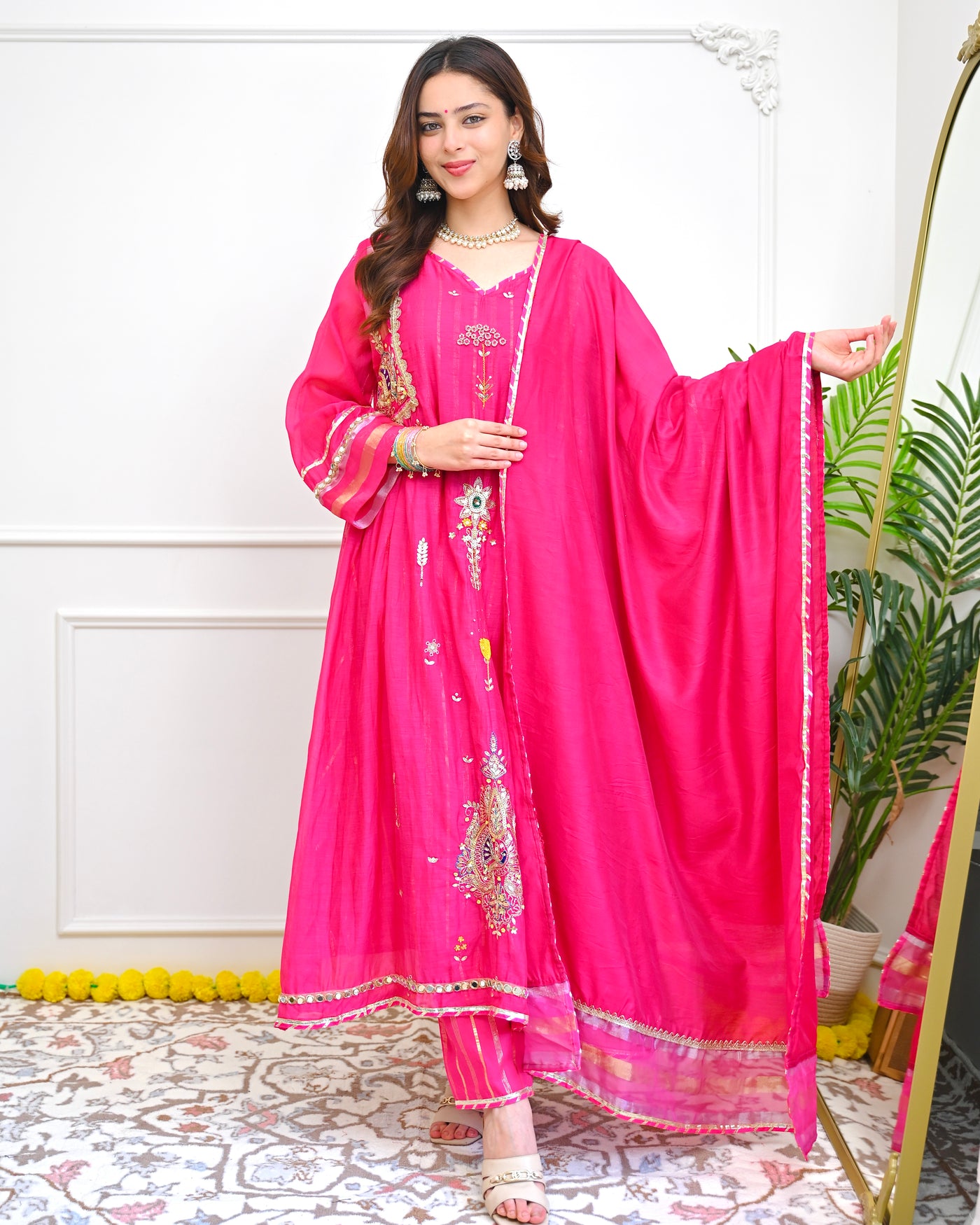 Shahi Gulabi Heritage Handwork Mul Chanderi A Line Suit