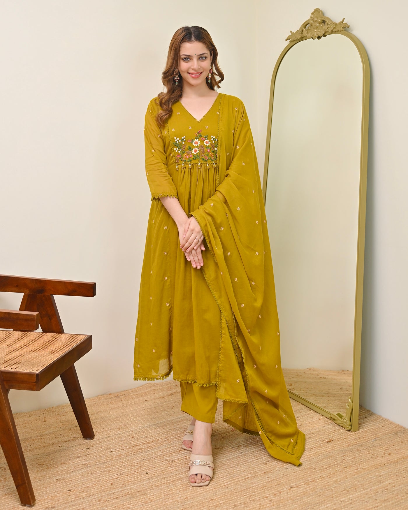 Mustard Meher Mul Cotton Threadwork A Line Suit
