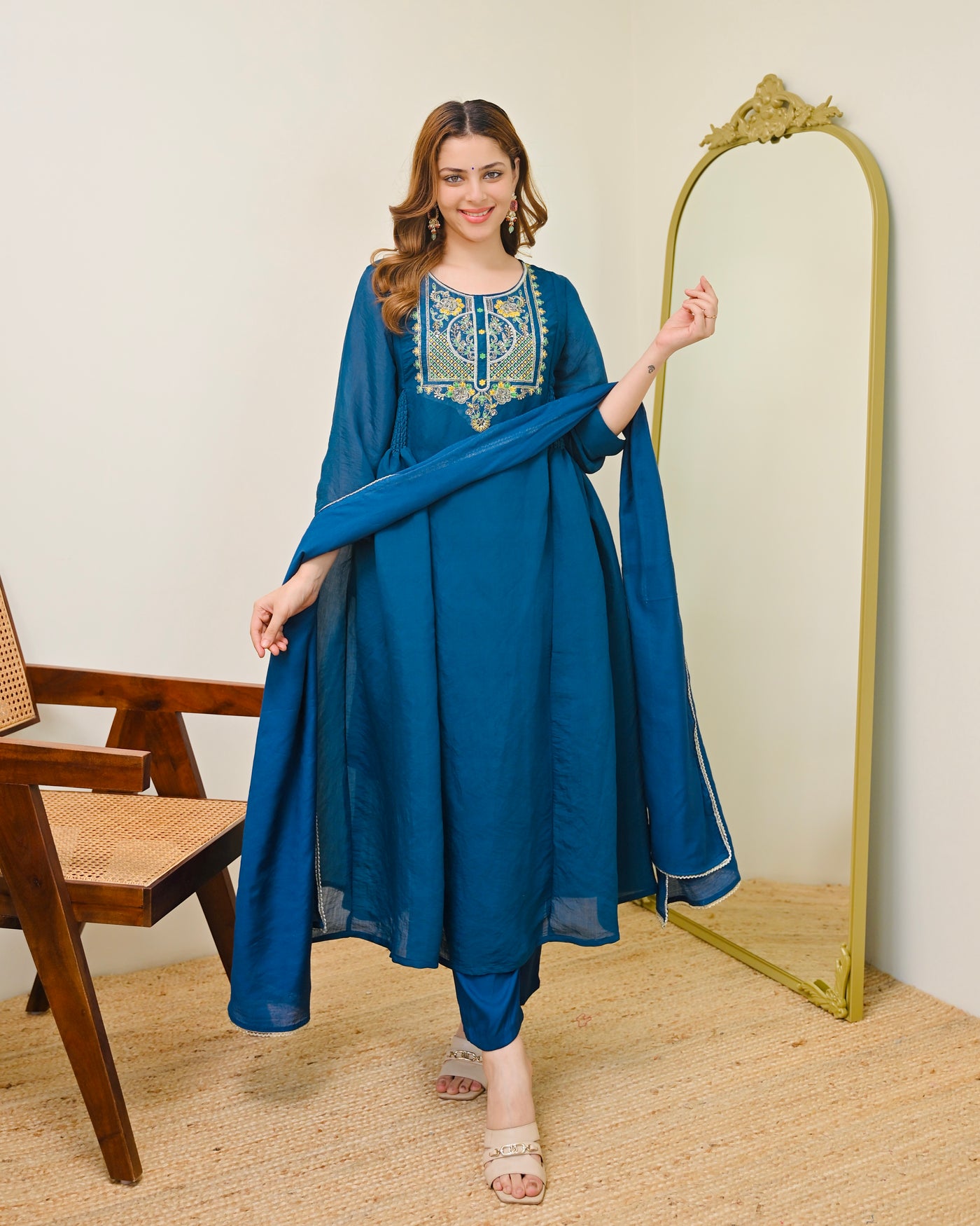 Teal Noor Handwork Mul Chanderi A Line Suit