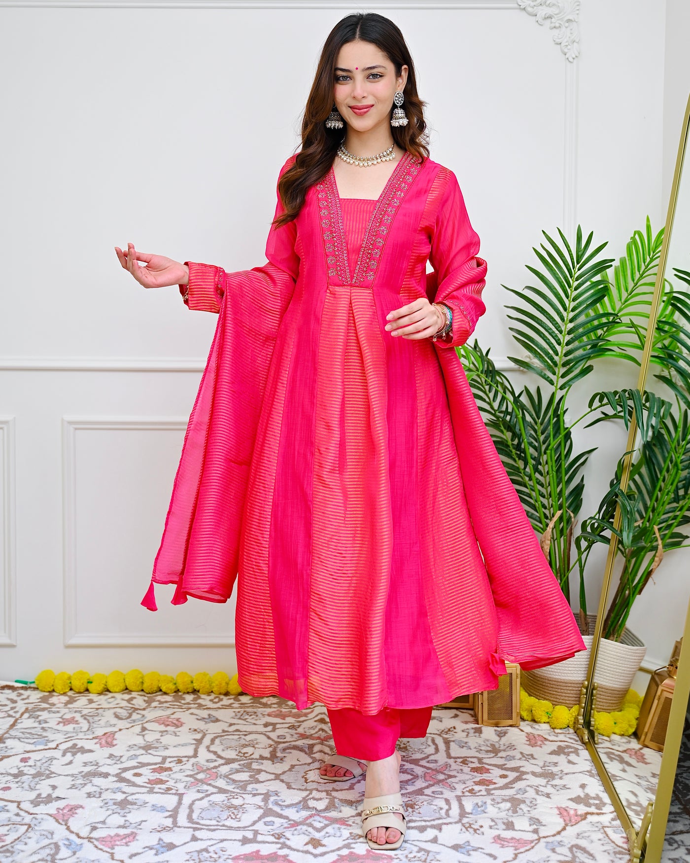Gulabi Sunehri Mul Chanderi A Line Handwork Suit