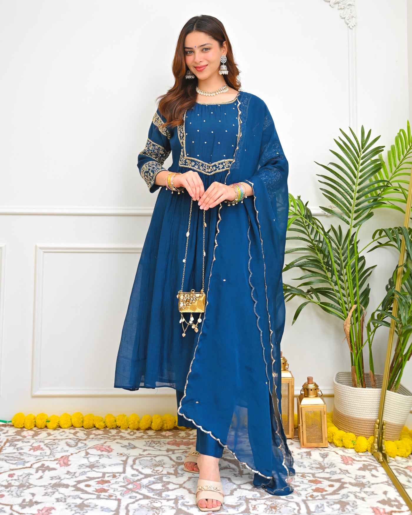 Sapphire Blue Nazakat Handwork A Line Mul Chanderi Suit
