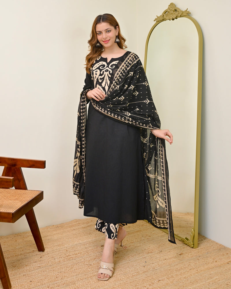 Black 3 Piece Kalamkari Print Comfy Pearl Pure Cotton Suit For Women M