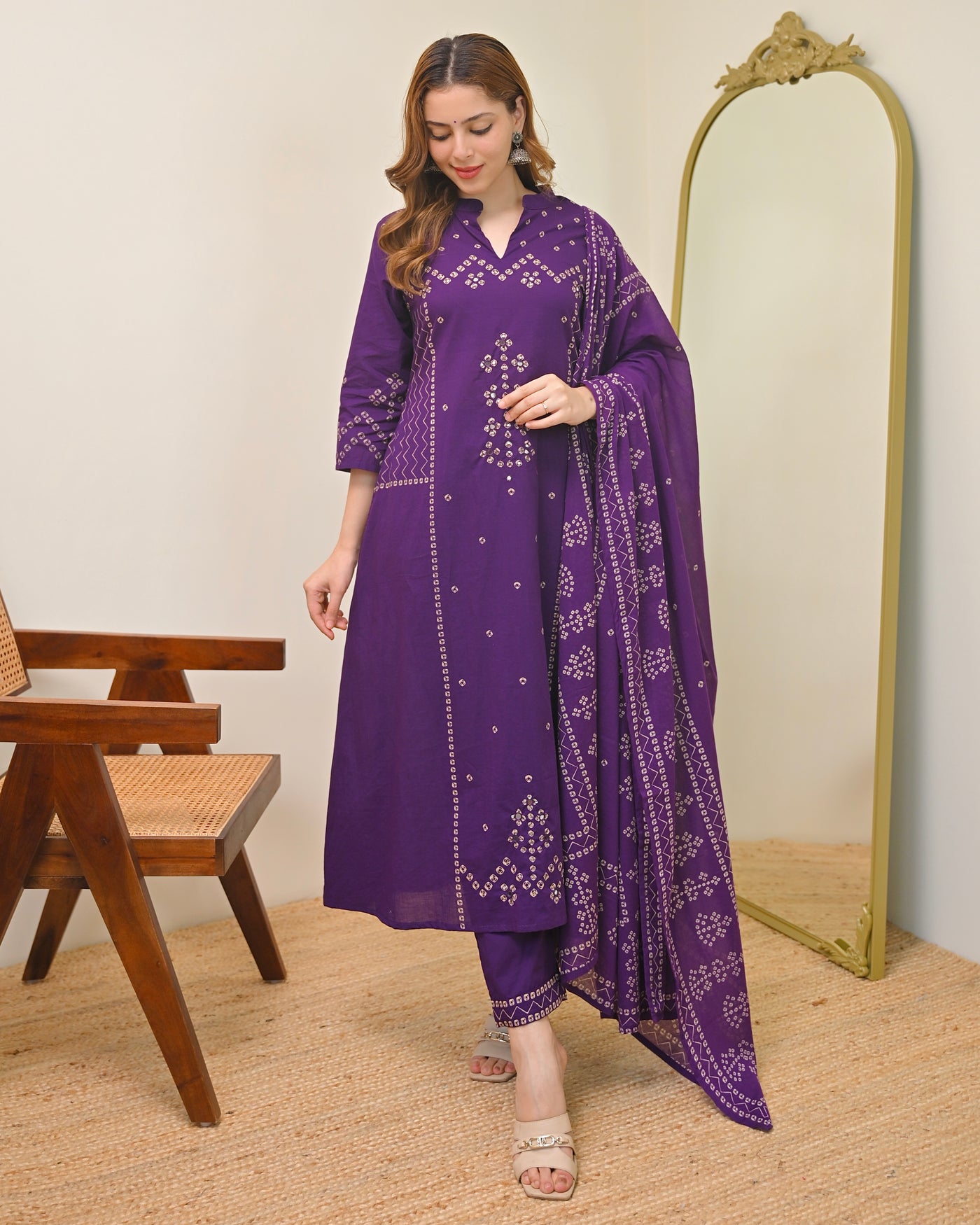 Roohani Plum Bandhej Mirror A Line Cotton Suit