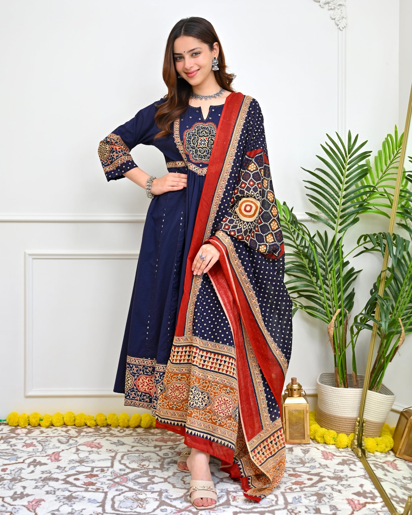 Navy Noor Ajrakh Cotton A Line Suit
