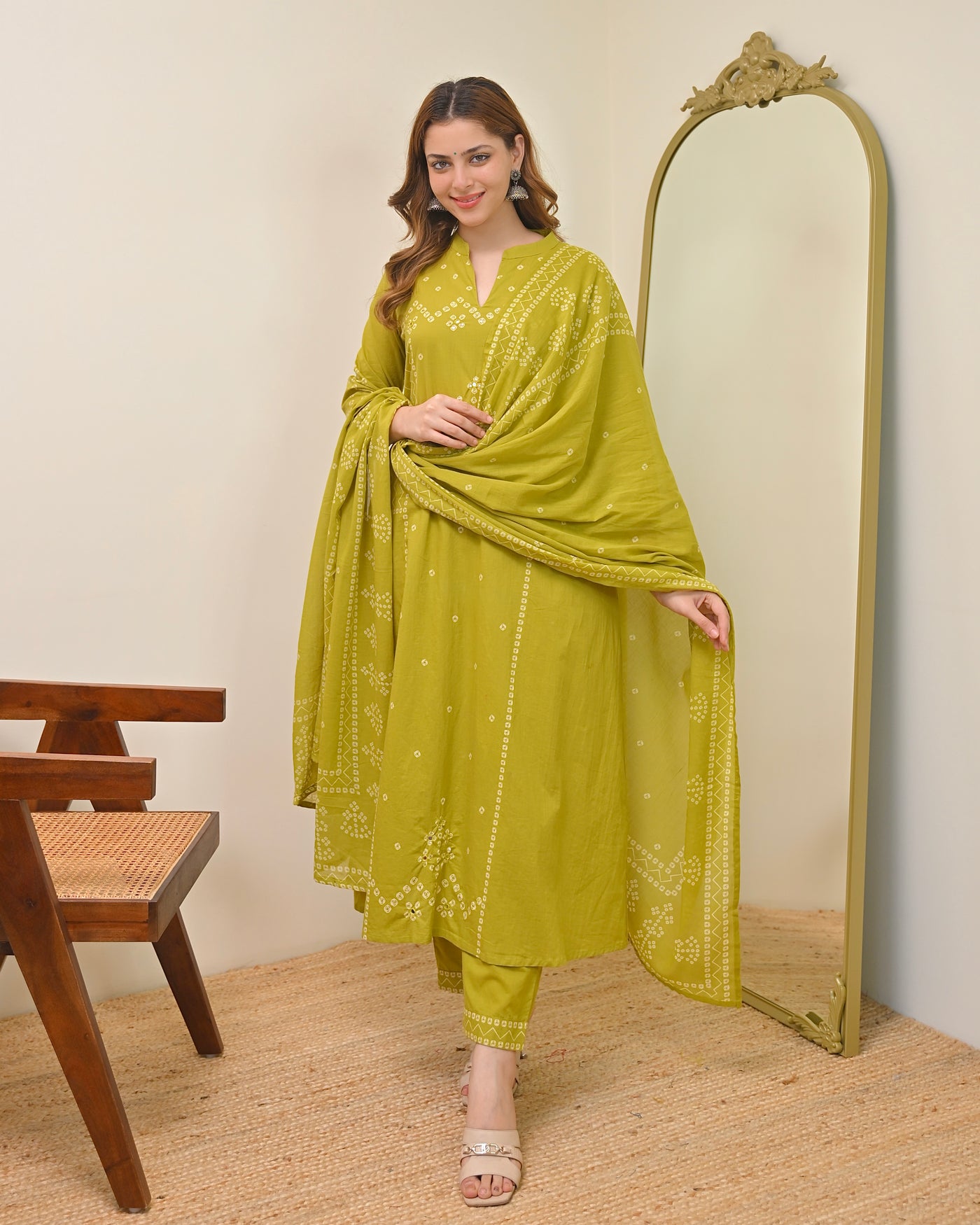 Lime Mist Bandhej Mirror A Line Cotton Suit