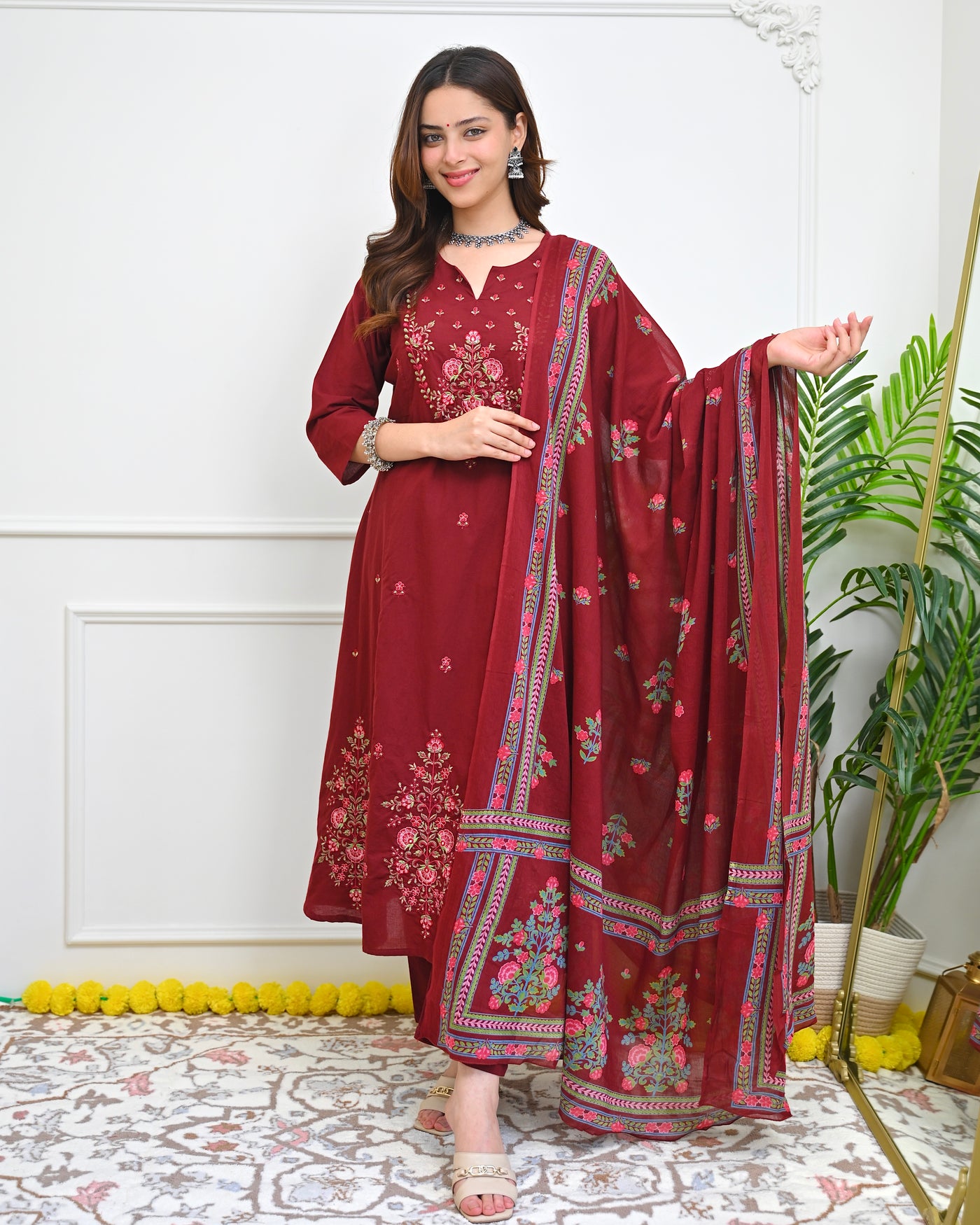 Ruby Heritage Garden Threadwork Cotton A Line Suit