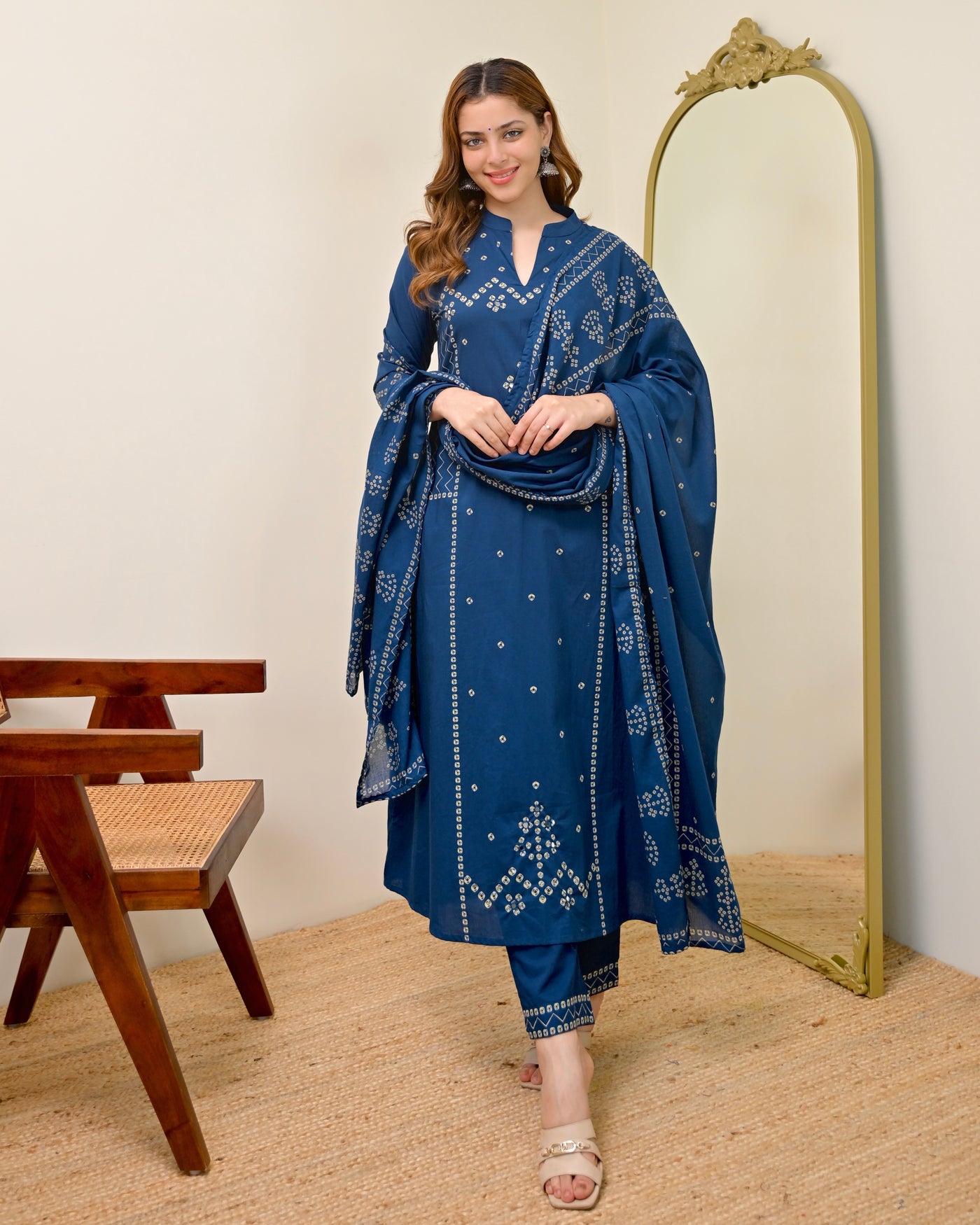 Azure Noor Bandhej Mirror A Line Cotton Suit