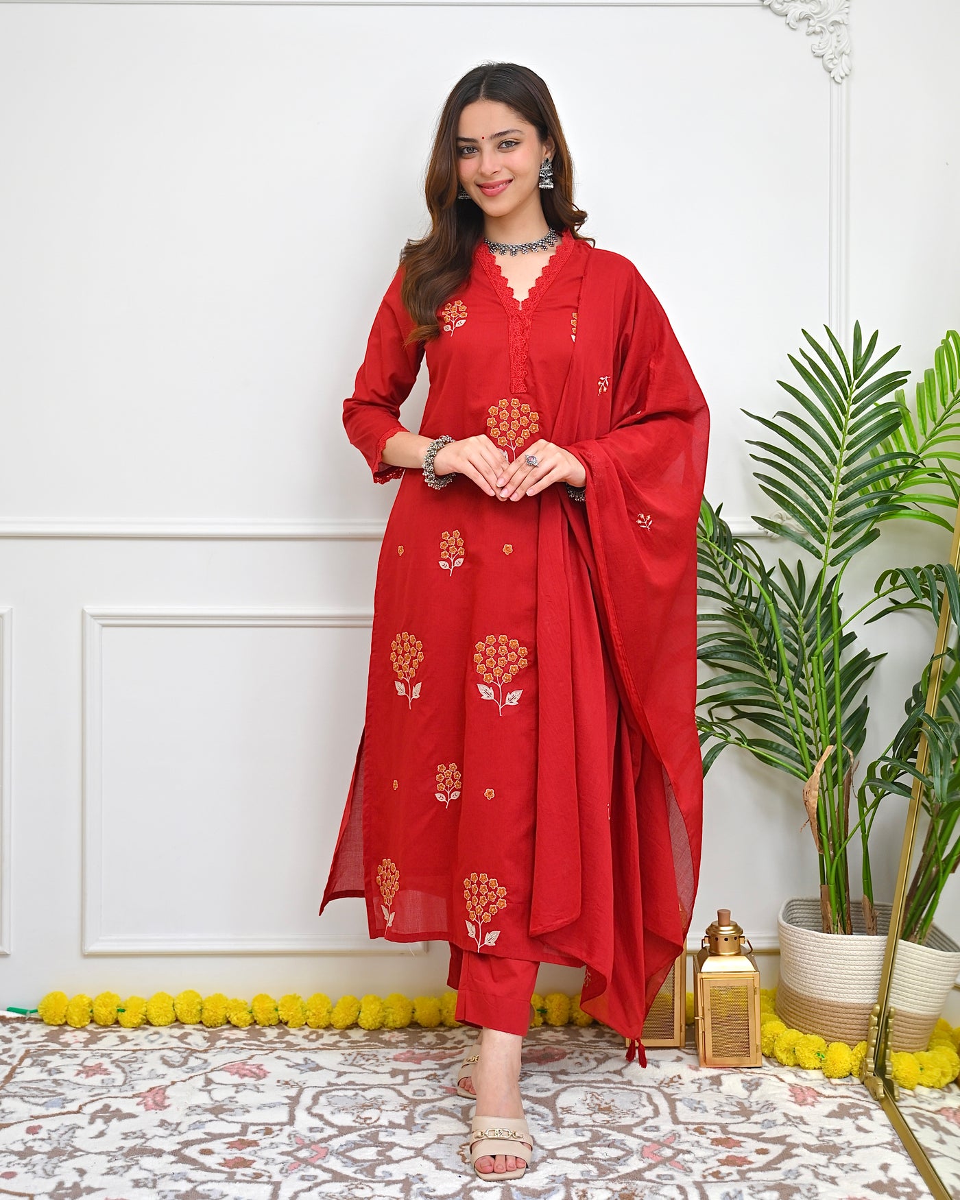 Scarlet Marigold Bloom Threadwork Cotton Suit