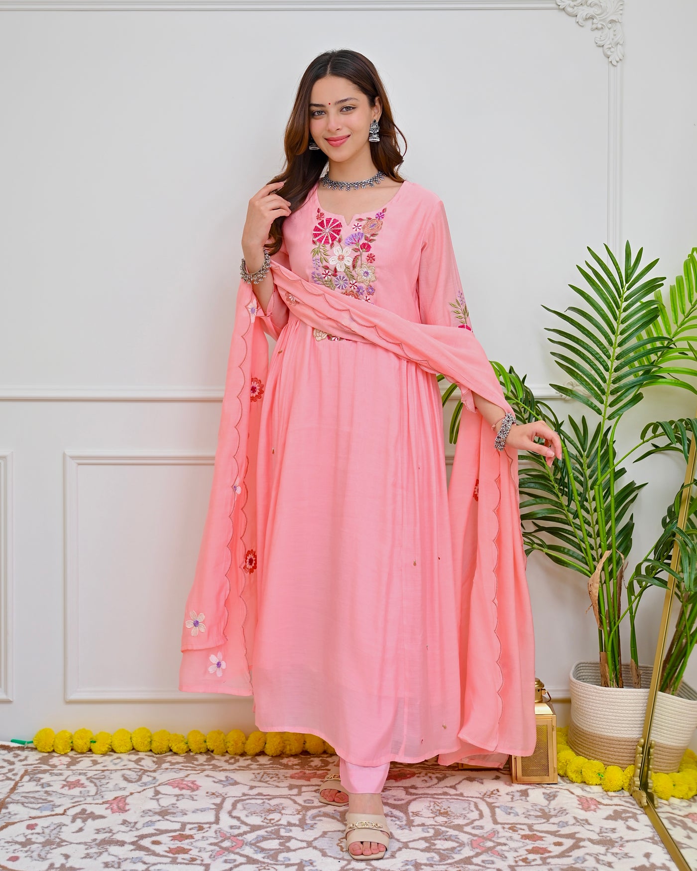 Blush Garden Mul Chanderi A Line Threadwork Suit