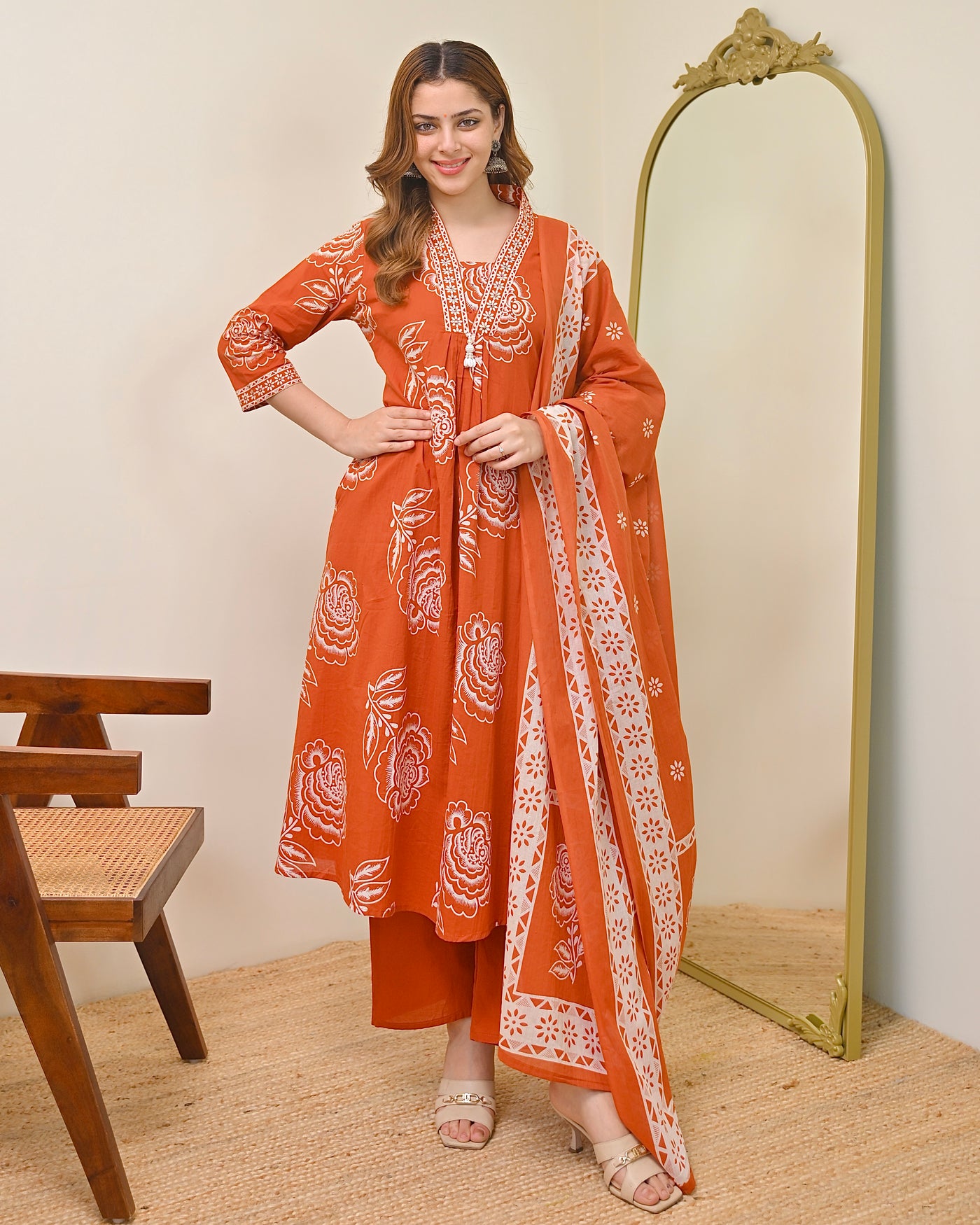 Orange Jasmine A Line Premium Cotton Suit
