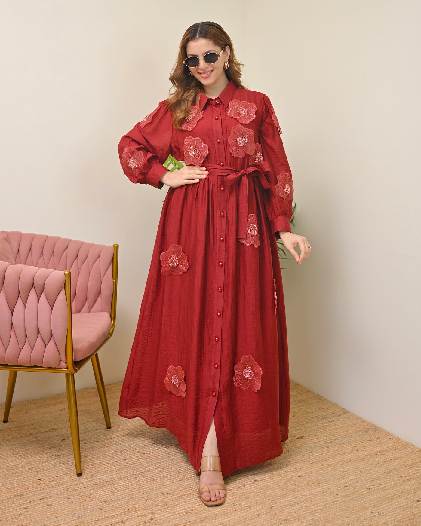 Rosette Maroon Applique A Line Dress