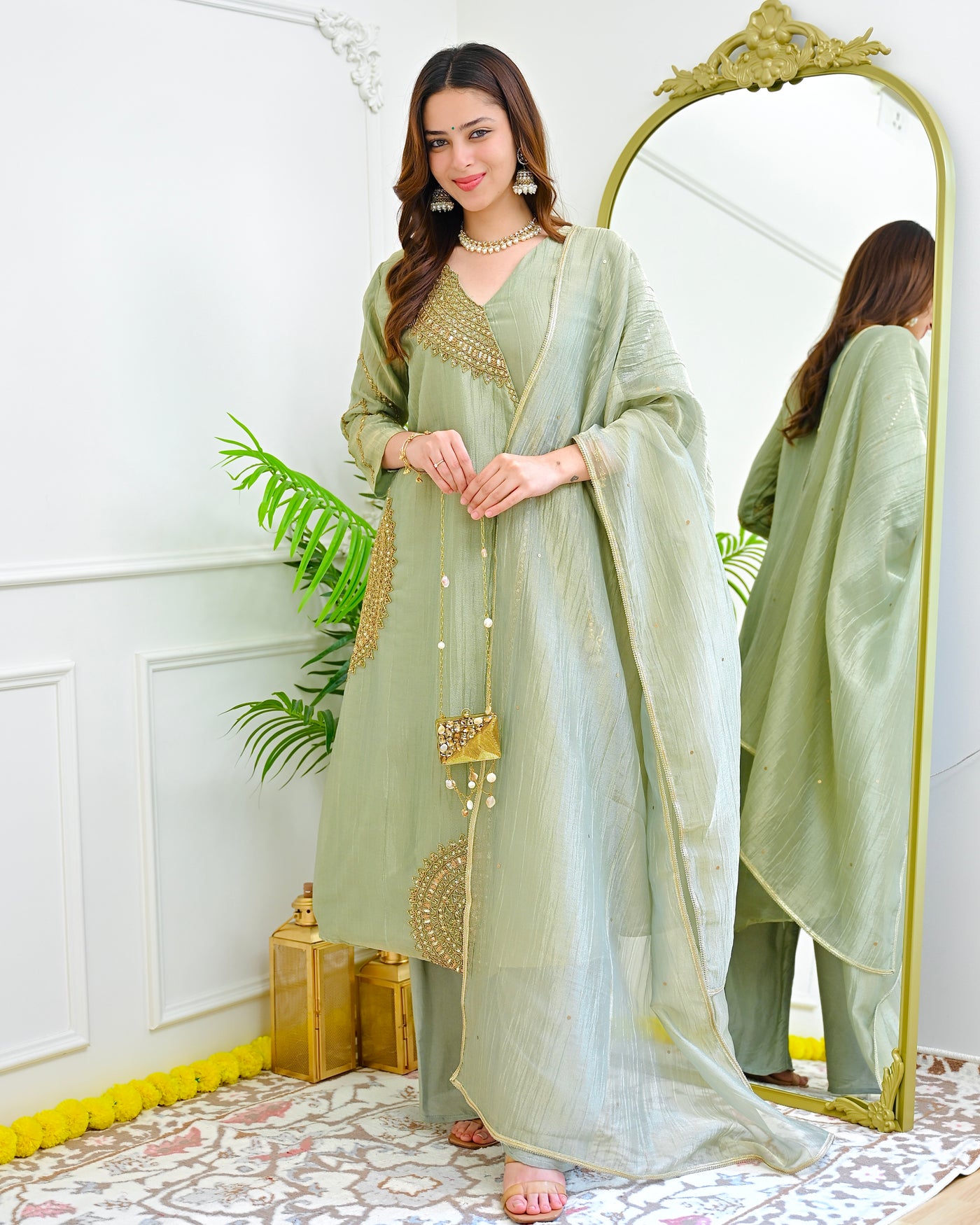 Sage Green Shimmer Crush A Line Handwork Suit
