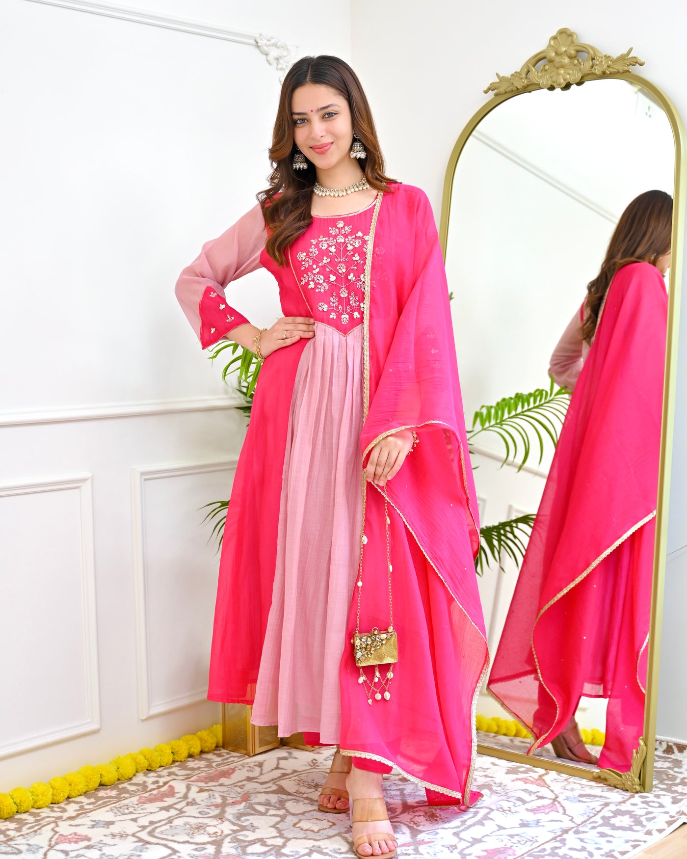 Rose Blush Mul Chanderi Handwork A Line Festive Suit