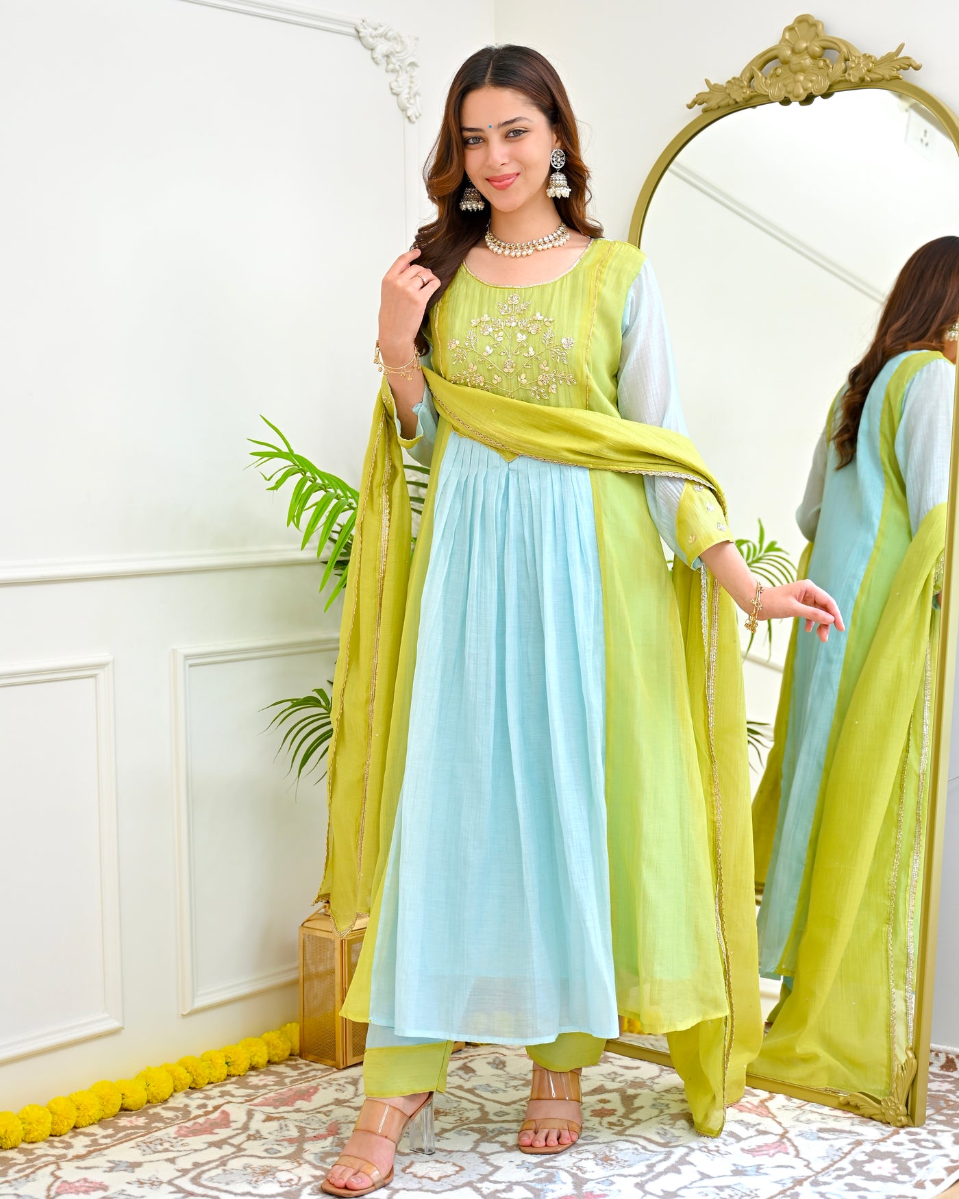 Lime Azure Mul Chanderi Handwork A Line Festive Suit