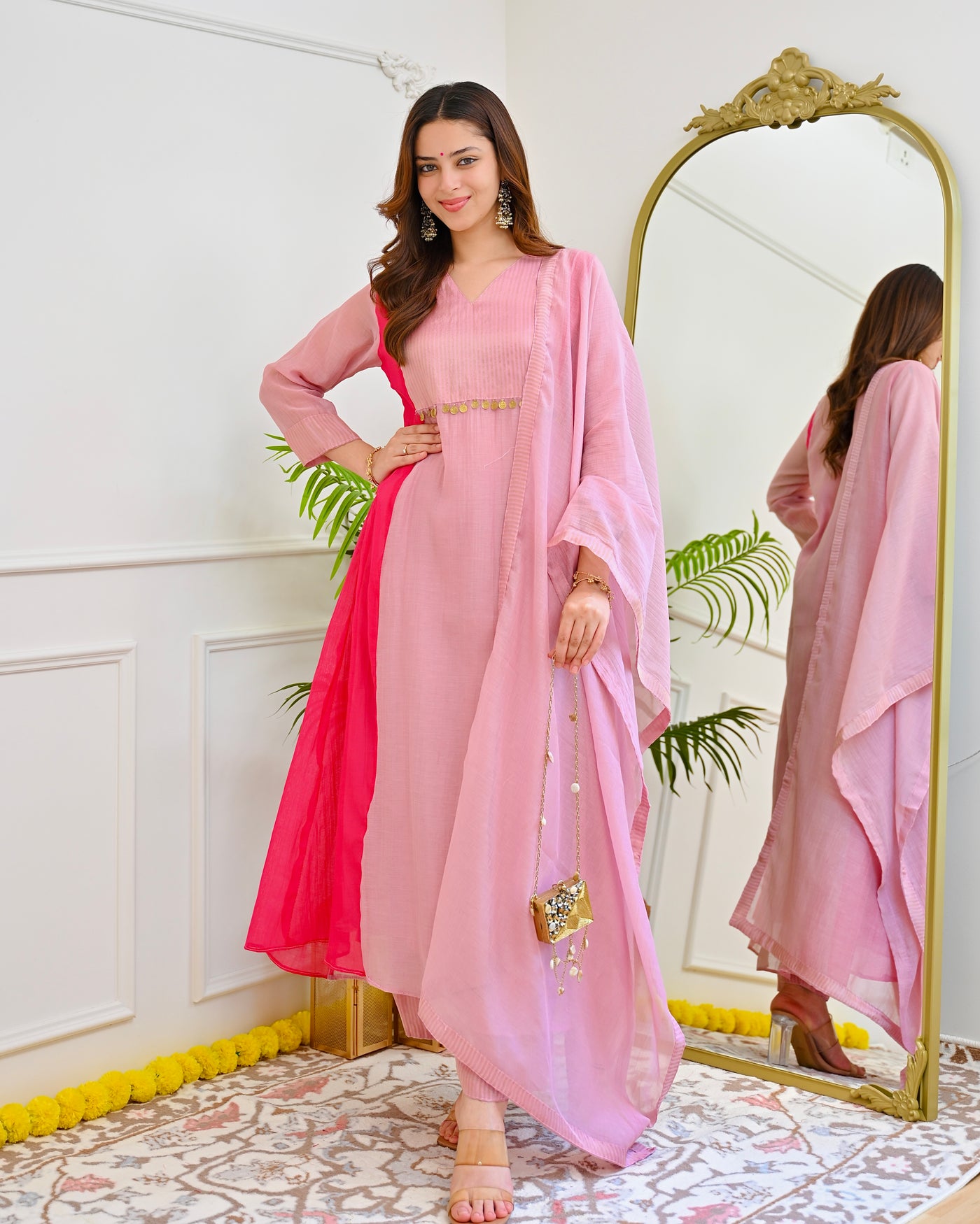 Blush Pink Amber Mul Chanderi A Line Suit