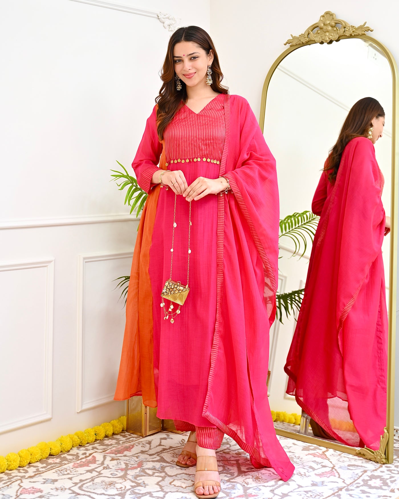 Coral Rani Amber Mul Chanderi A Line Suit