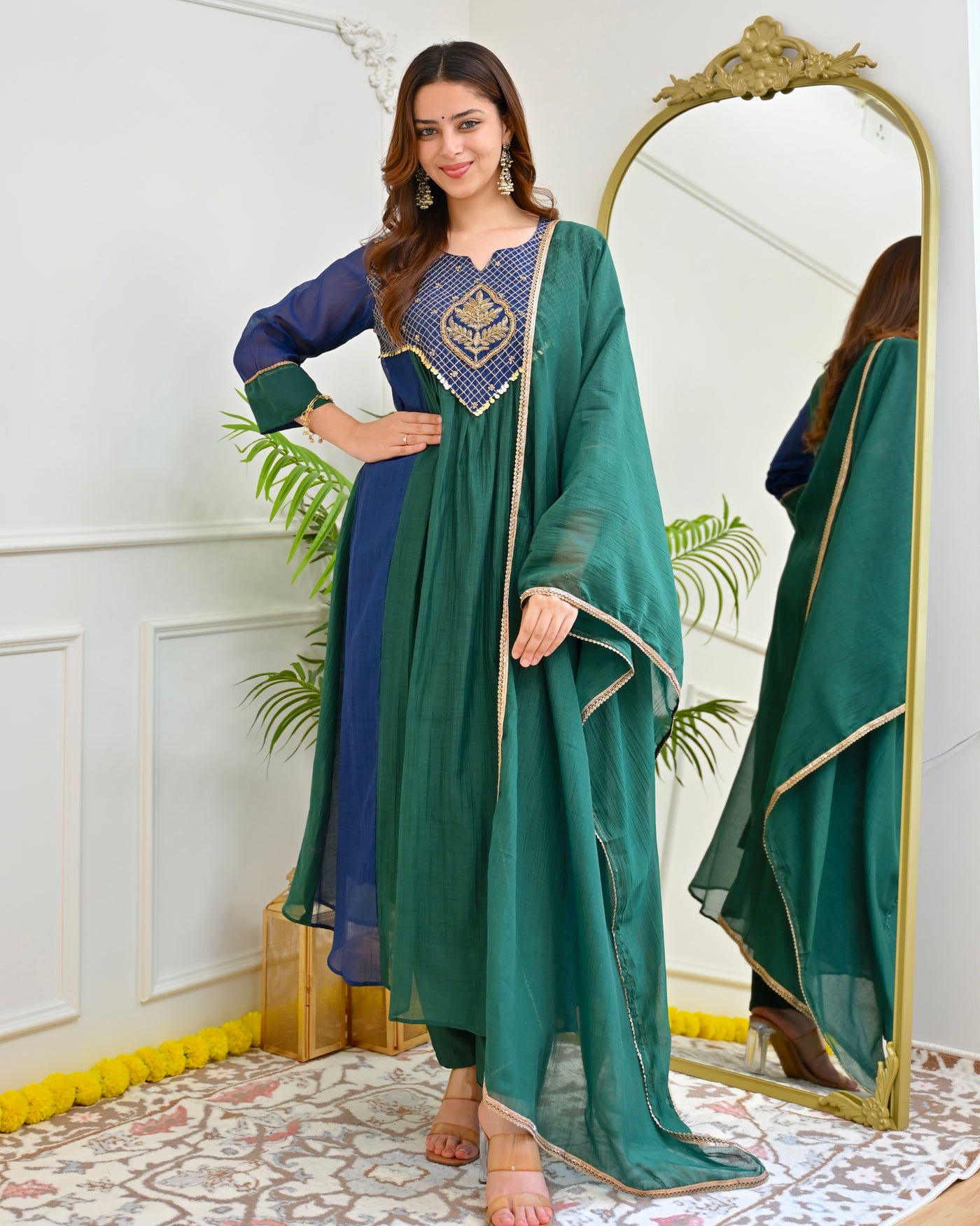 Emerald Blue Mul Chanderi Handwork A Line Festive Suit