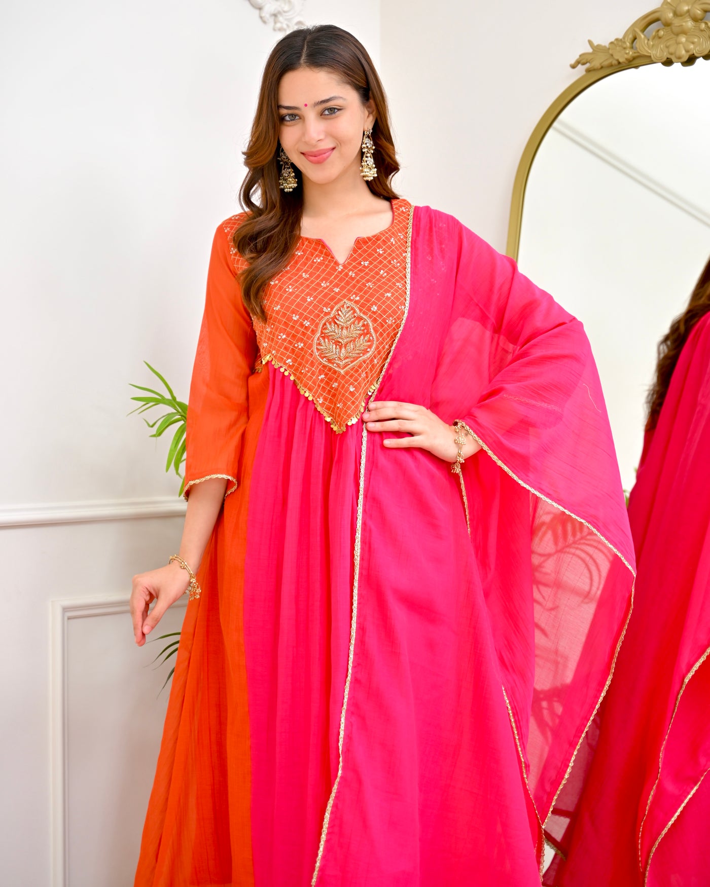 Sunset Pink Mul Chanderi Handwork A Line Festive Suit