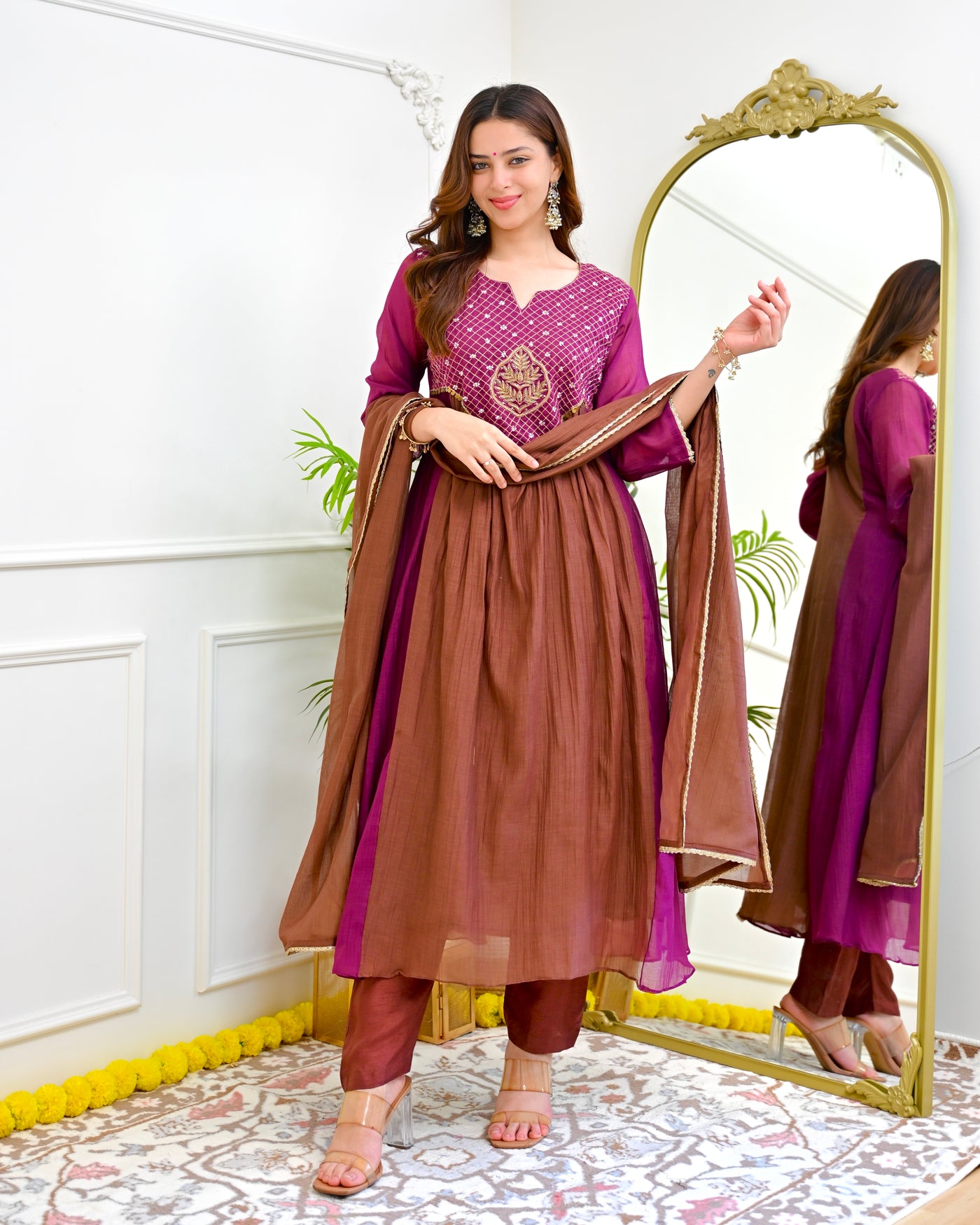 Magenta Mocha Mul Chanderi Handwork A Line Festive Suit