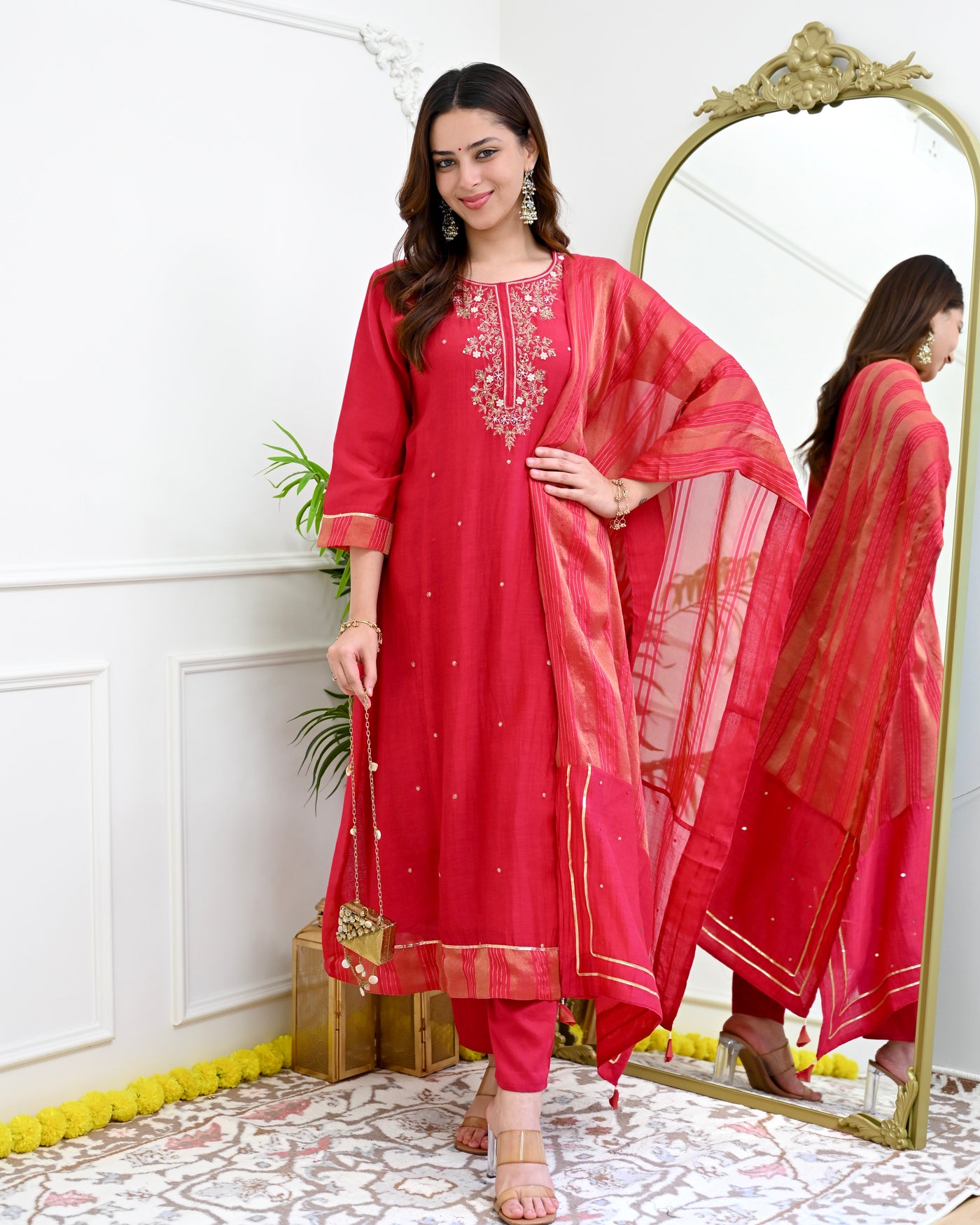 Royal Ruby Noor Handwork Mul Chanderi A Line Suit