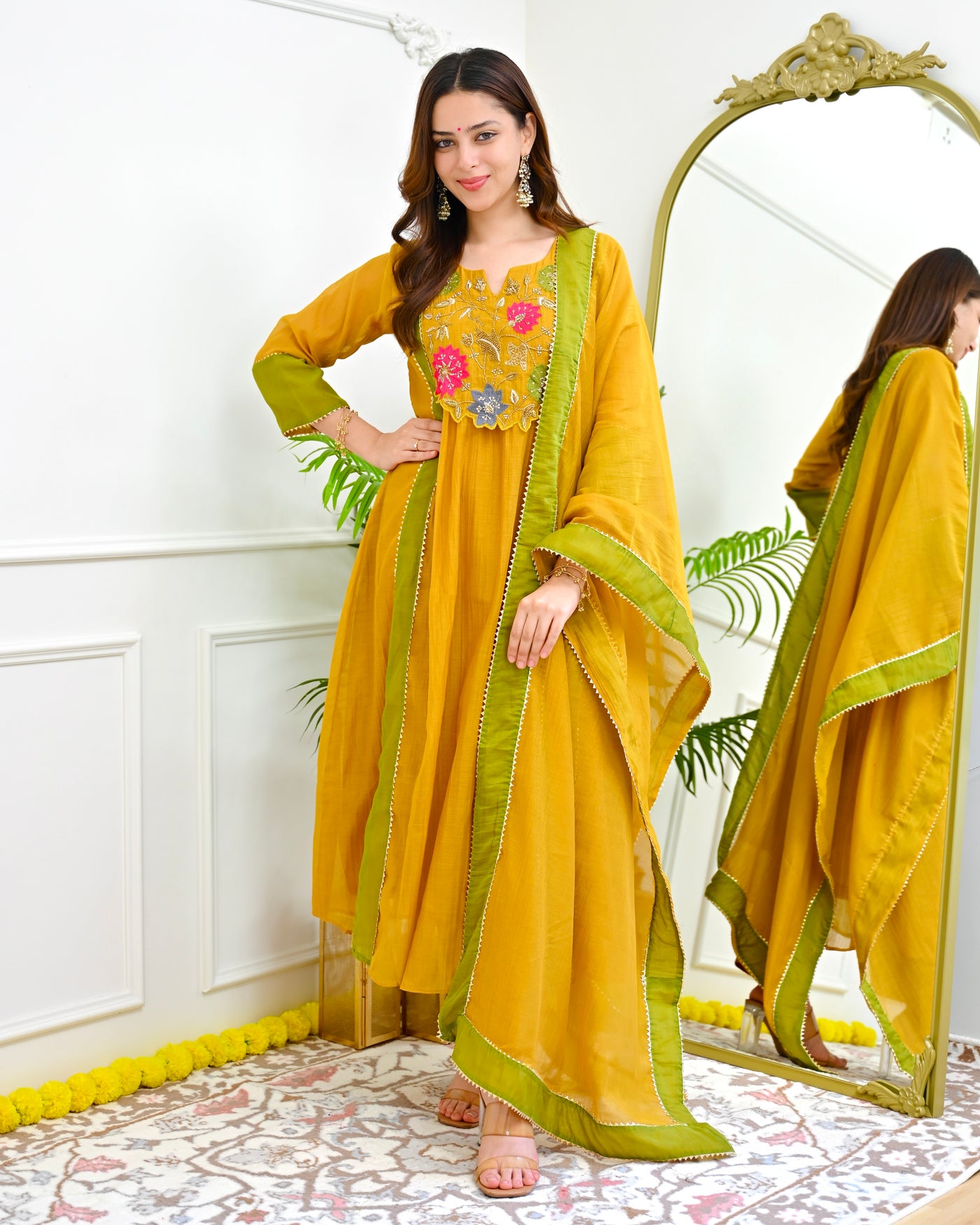 Mustard Handwork Premium Mul Chanderi A Line Suit