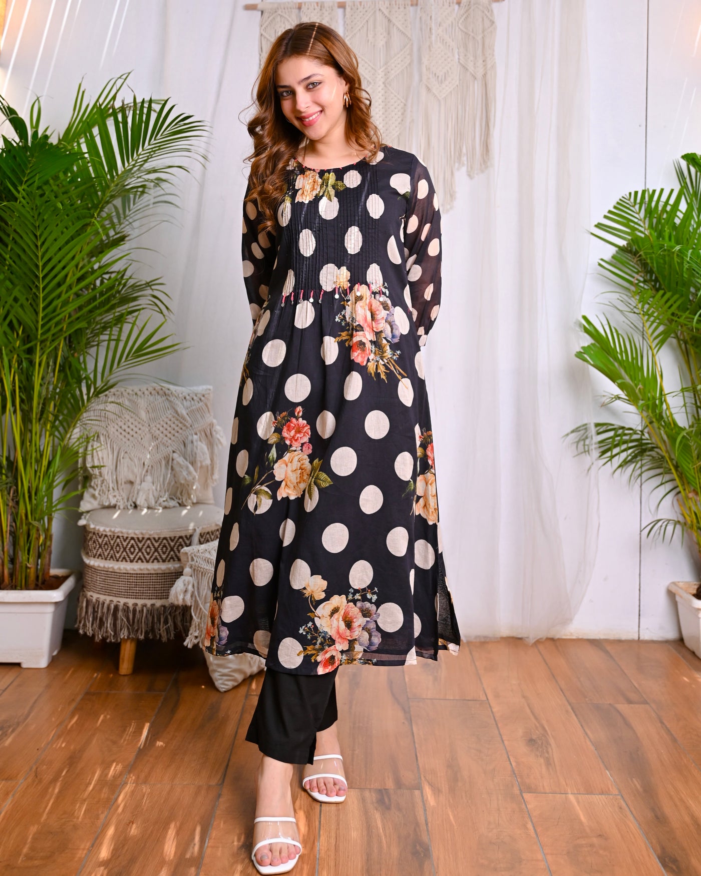 Black Polka Garden Grace Cotton A Line Kurta Set