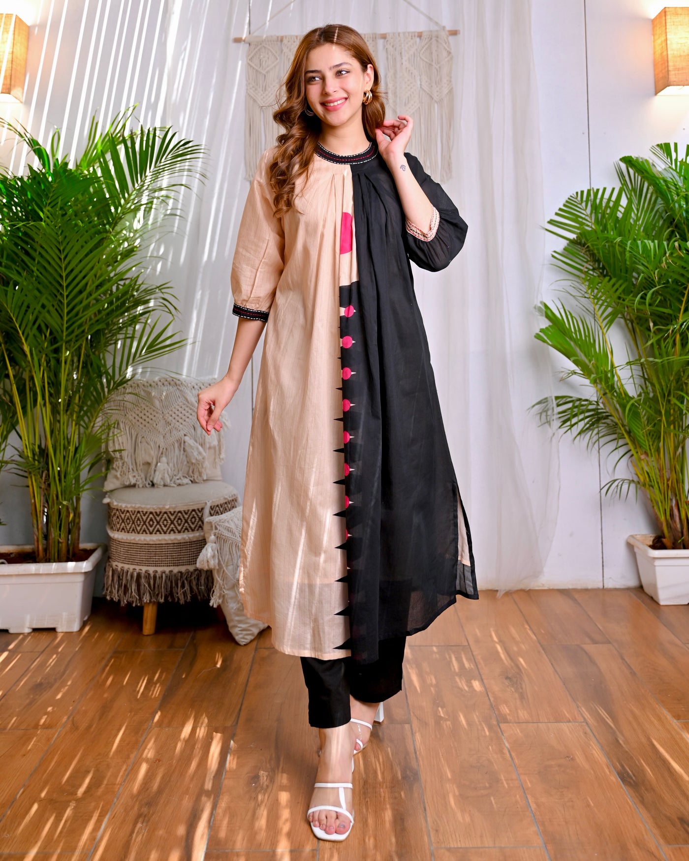 Black Beige Dual Tone Affair Cotton A Line Kurta Set