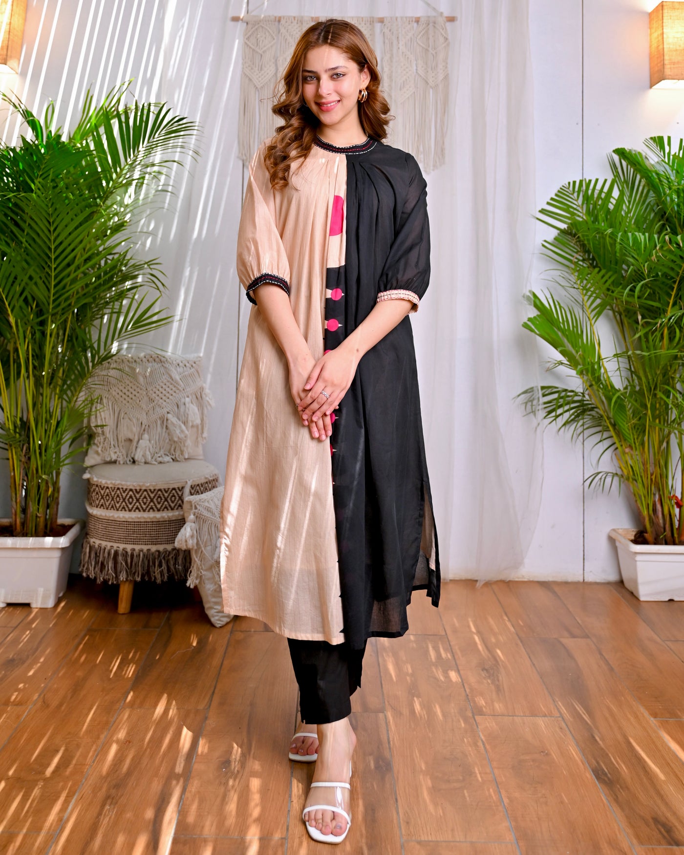 Black Beige Dual Tone Affair Cotton A Line Kurta Set