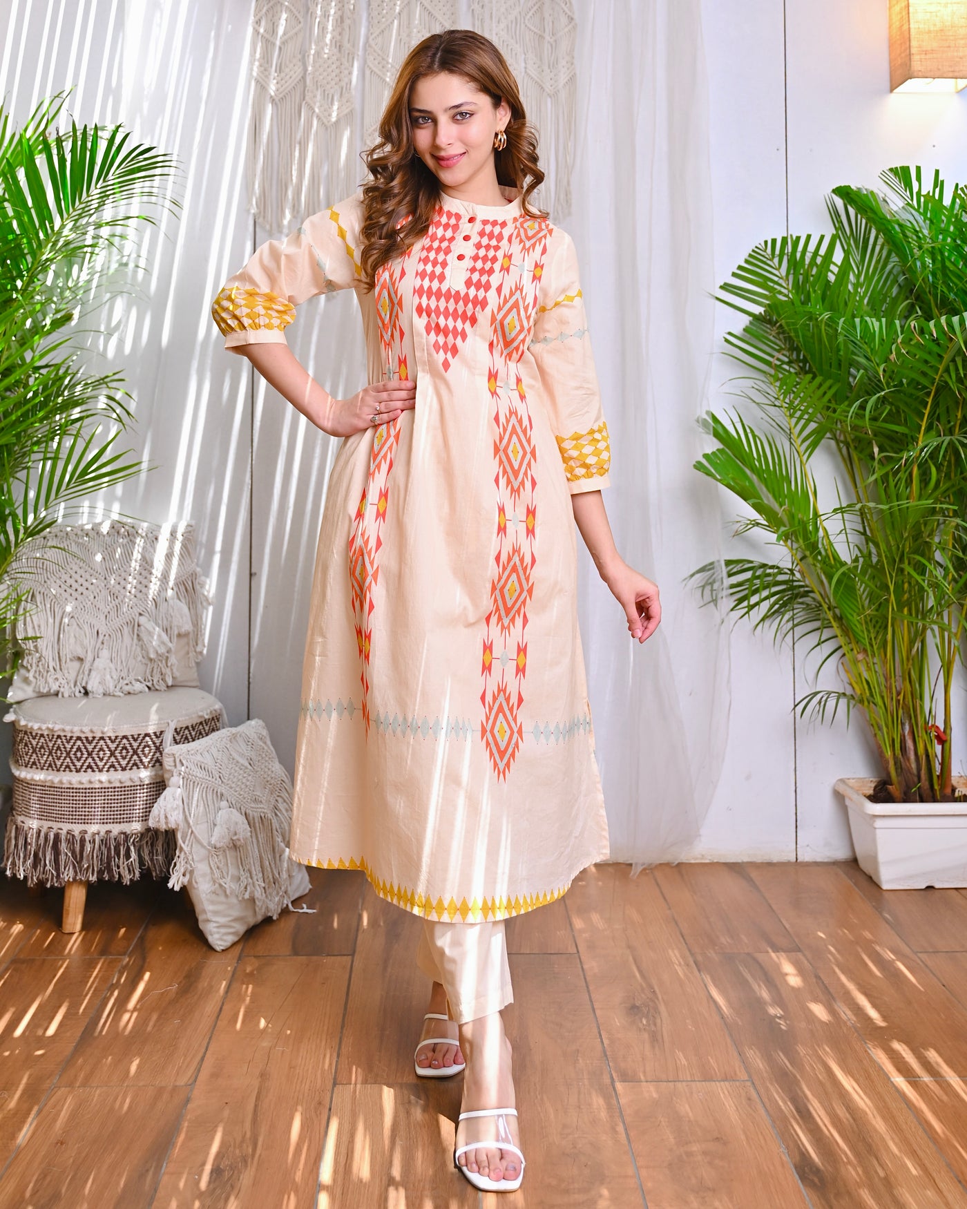 Ivory Amber Ikat Grace Cotton A Line Kurta Set