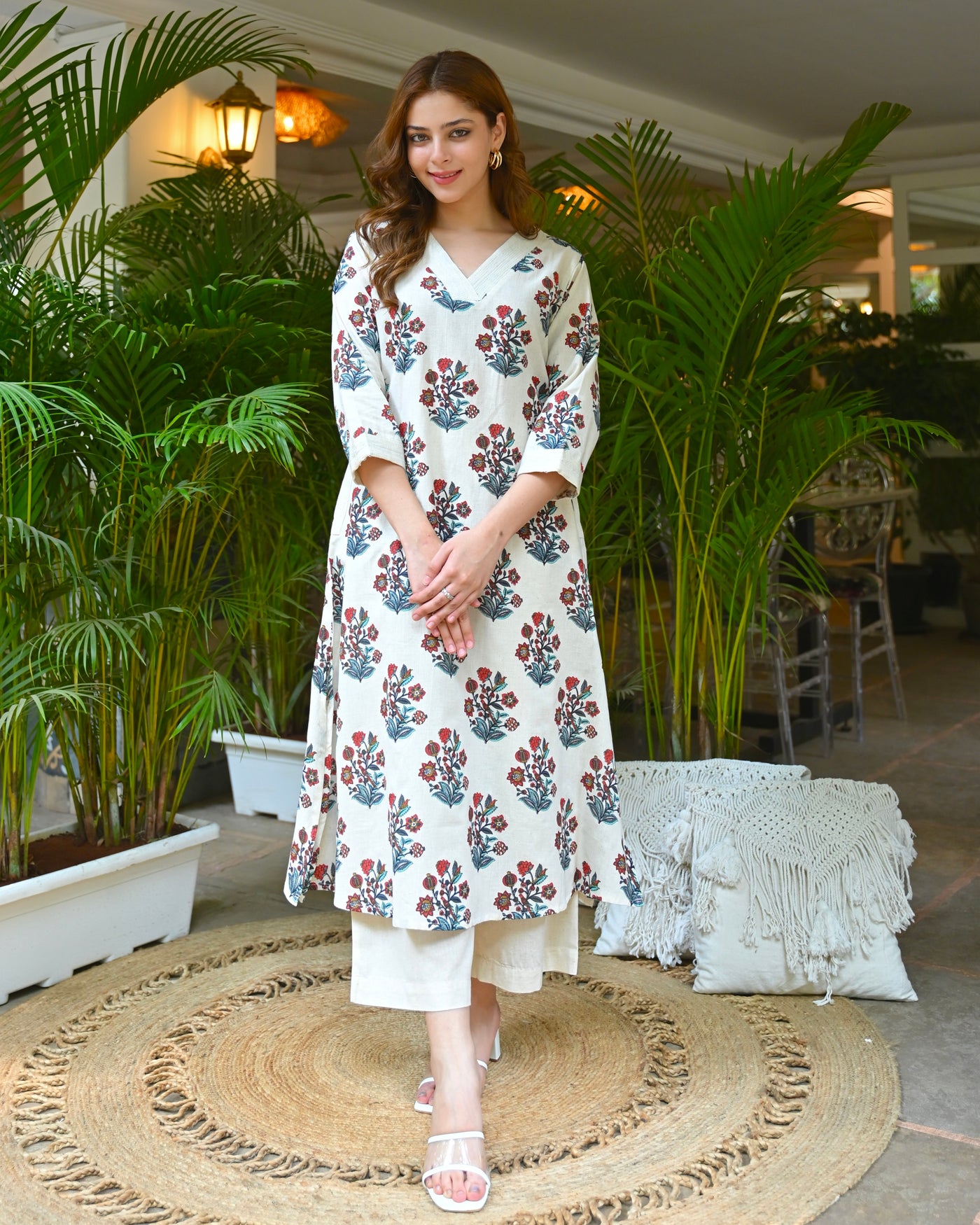 Ivory Scarlet Vintage Flora A Line Cotton Kurta Set