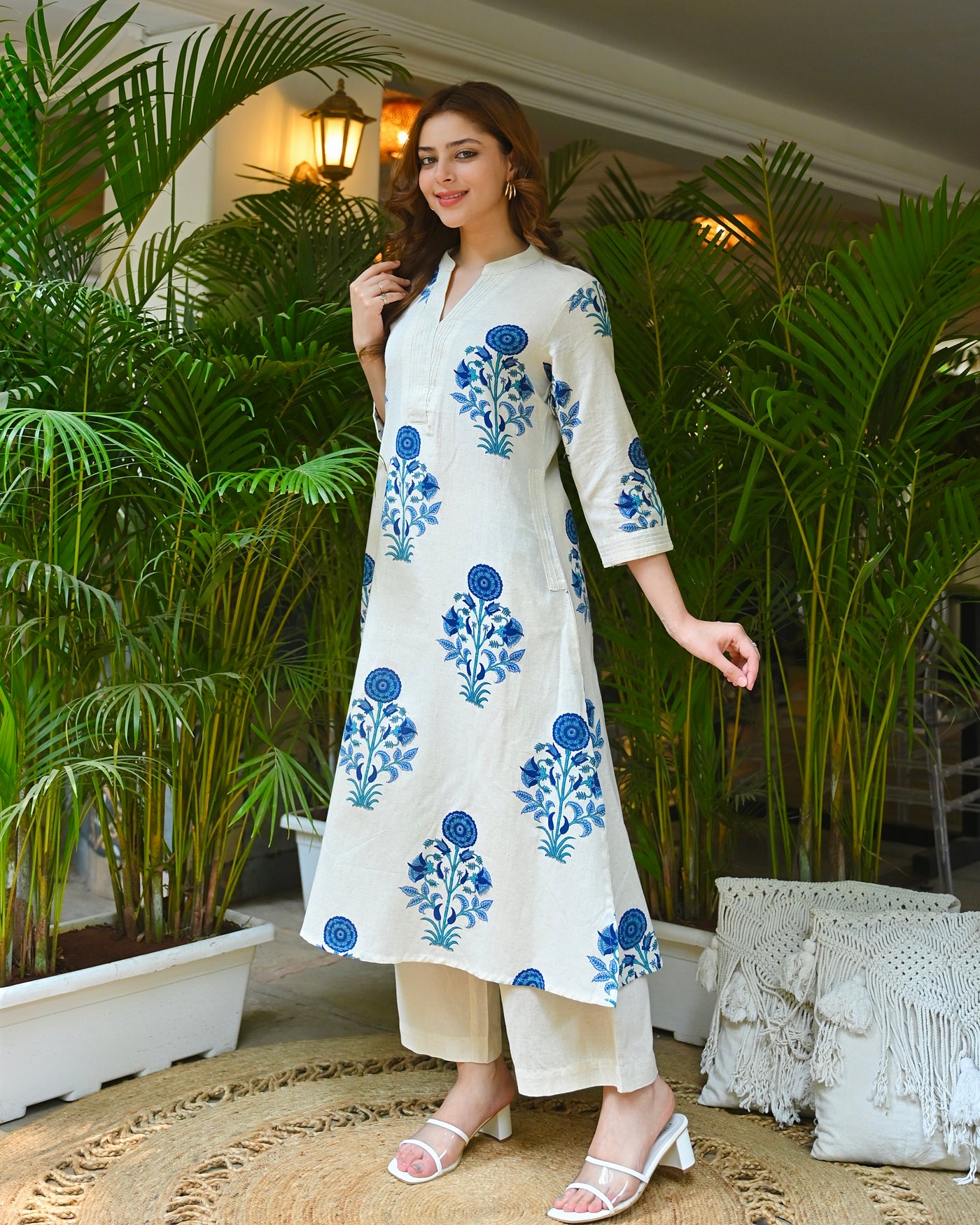 Ivory Blue Gulmohar Charm A Line Cotton Kurta Set