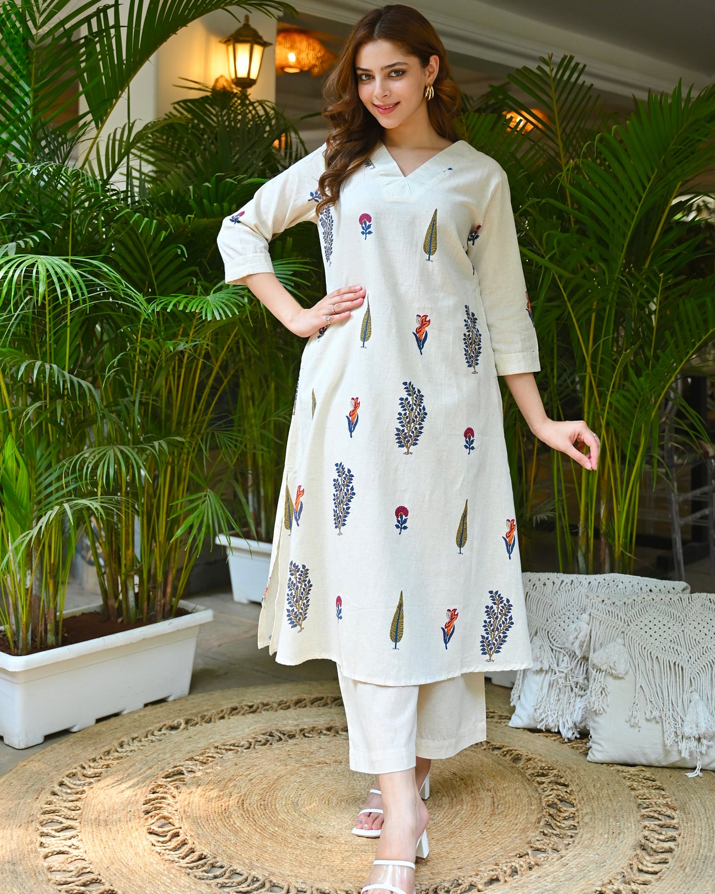Ivory Minimal Floral Garden A Line Cotton Kurta Set