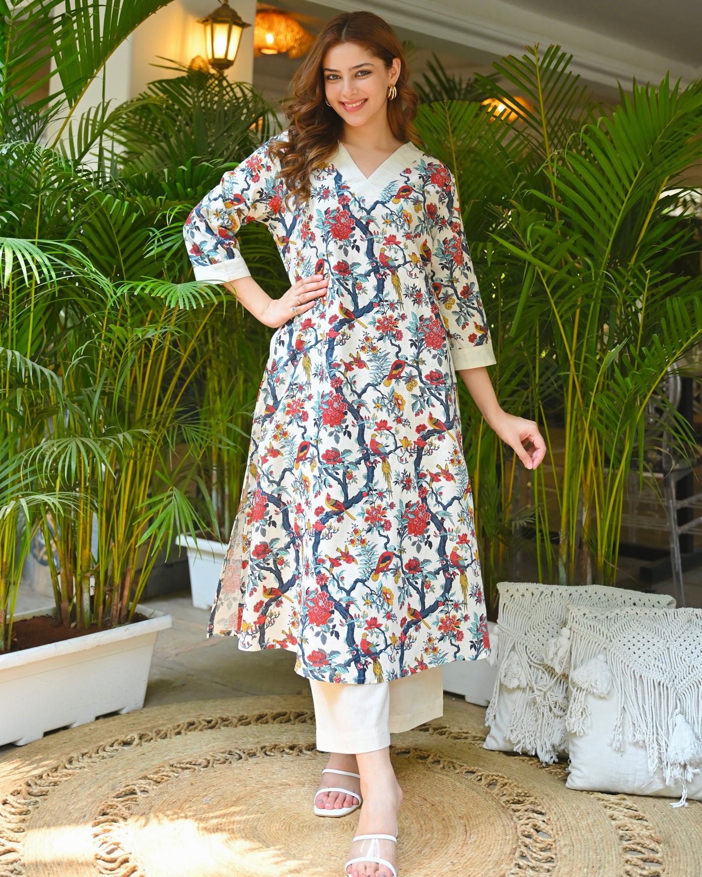 Ivory Botanica Summer Bloom A Line Cotton Kurta Set