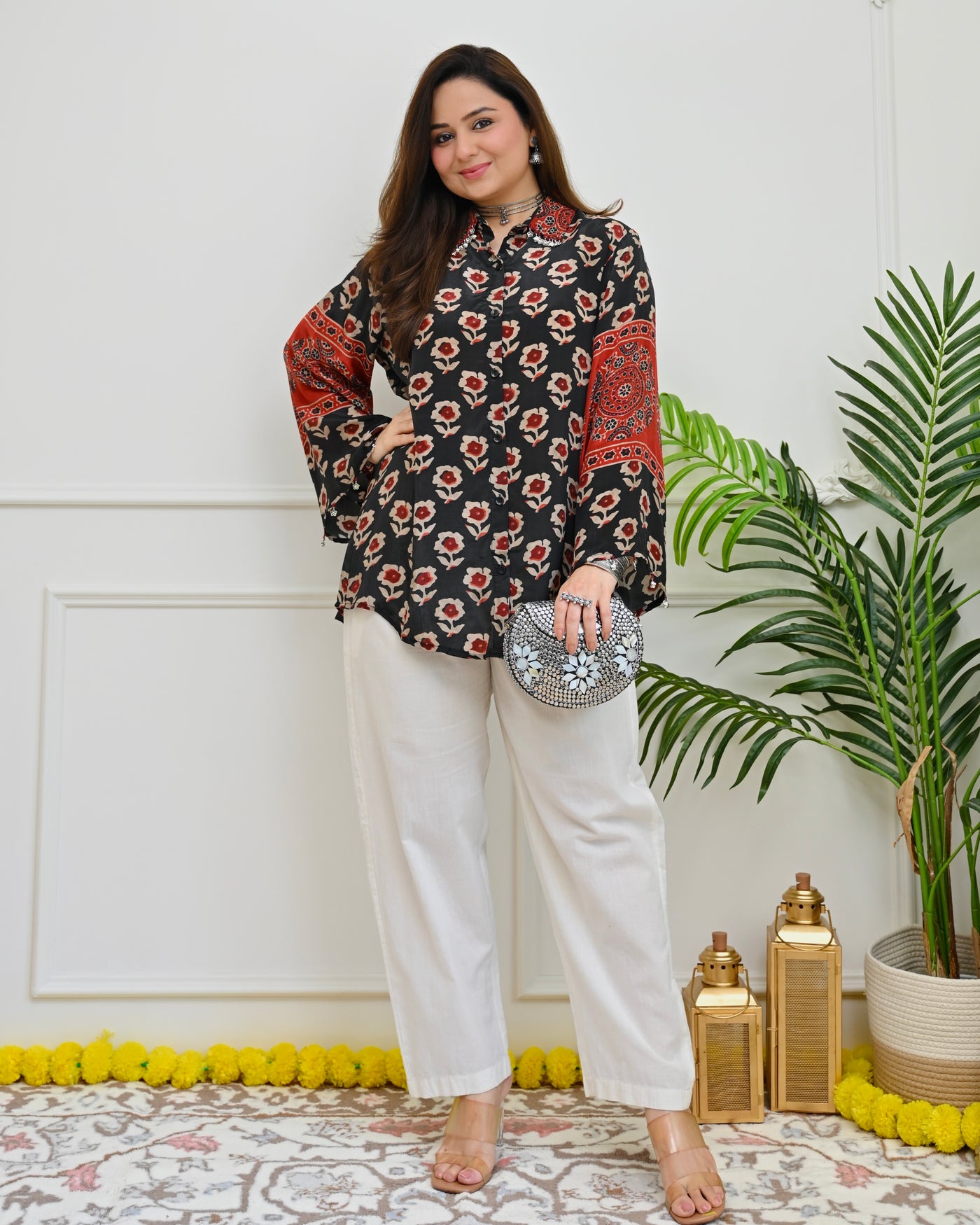 Black Scarlet Floral Ajrakh Crepe Shirt