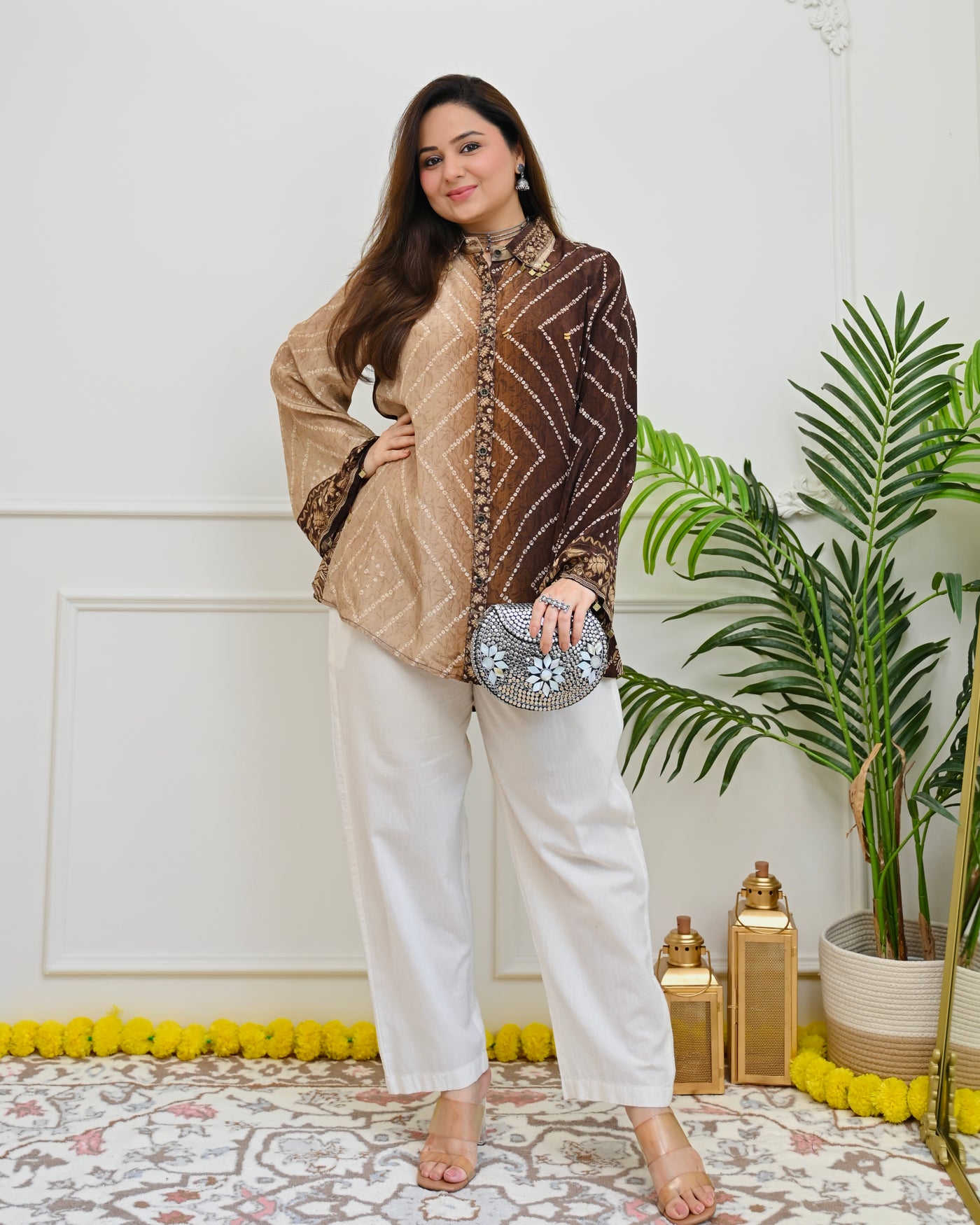 Brown Chevron Bandhani Crepe Shirt